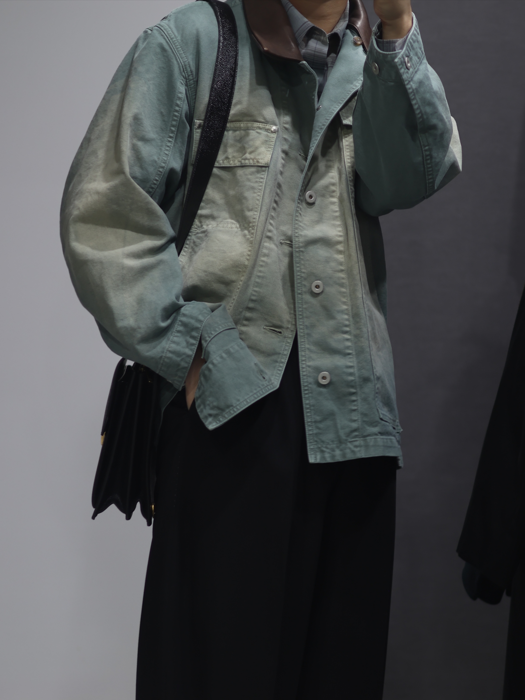 Auralee Lamb Leather Flight Blouson Brown - 25SS, Auralee Super Light Wool Check Shirt Gray Brown 착용 스타일 - 7