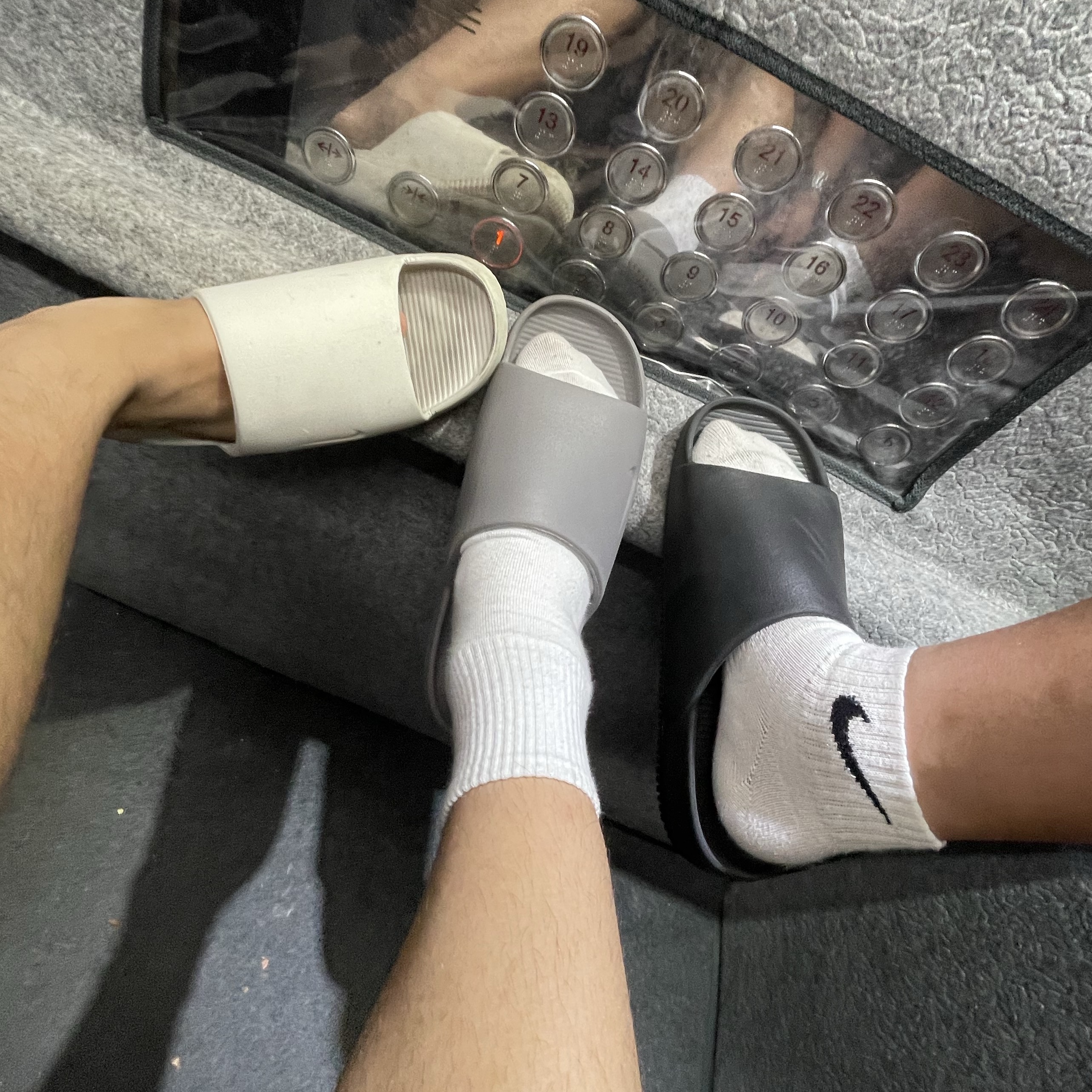 Nike Calm Slide Flat Pewter, Nike Calm Slide Sail 착용 스타일