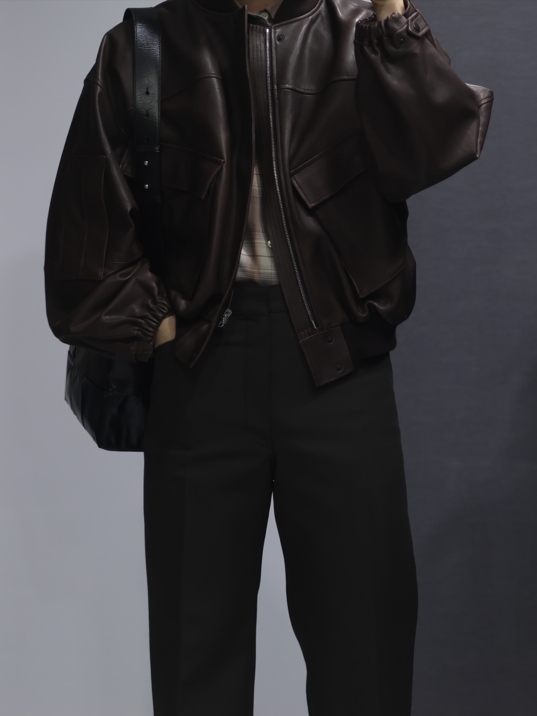 Auralee Lamb Leather Flight Blouson Brown - 25SS, Auralee Super Light Wool Check Shirt Gray Brown 착용 스타일 - 2