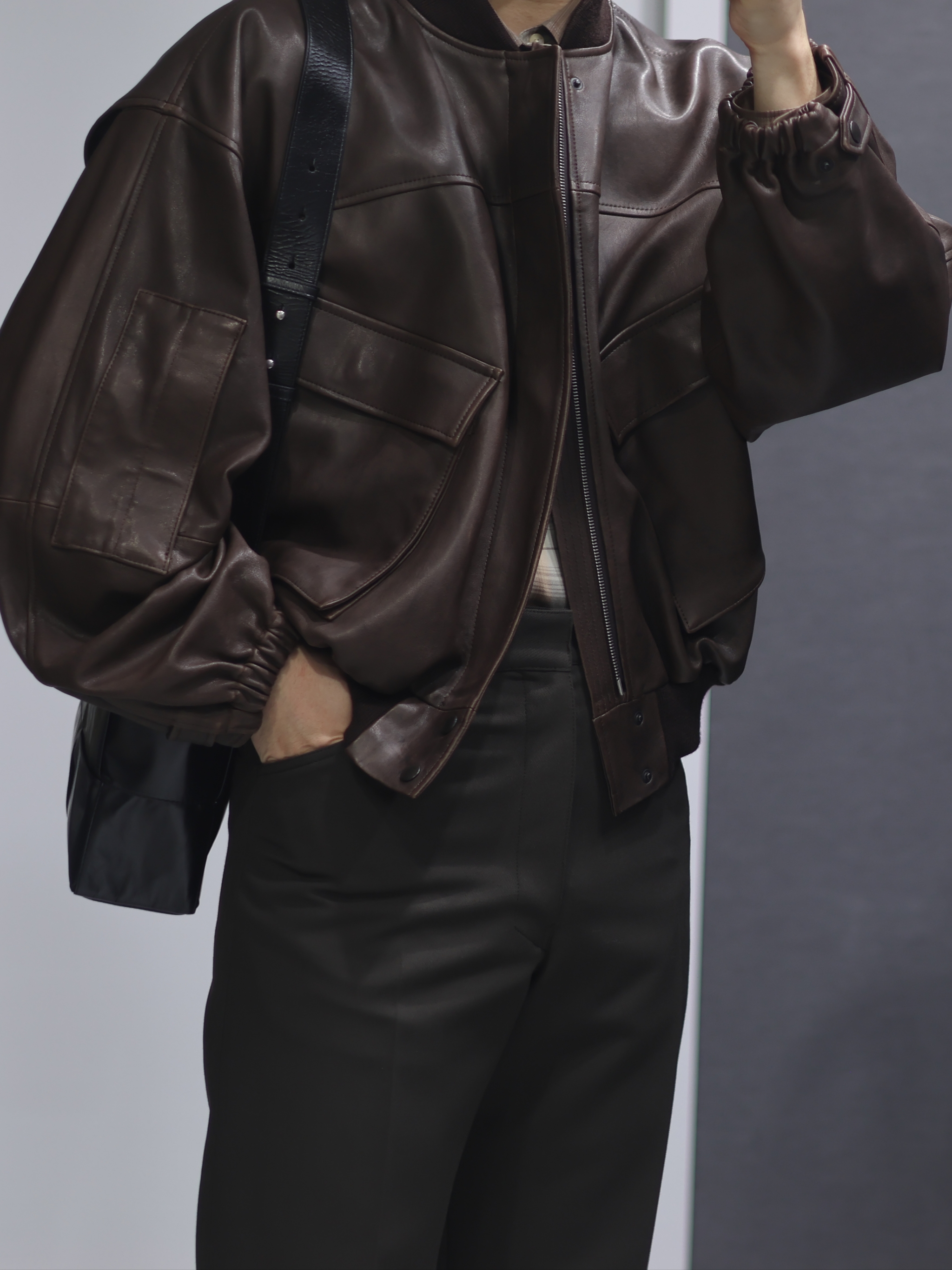 Auralee Lamb Leather Flight Blouson Brown - 25SS, Auralee Super Light Wool Check Shirt Gray Brown 착용 스타일 - 1