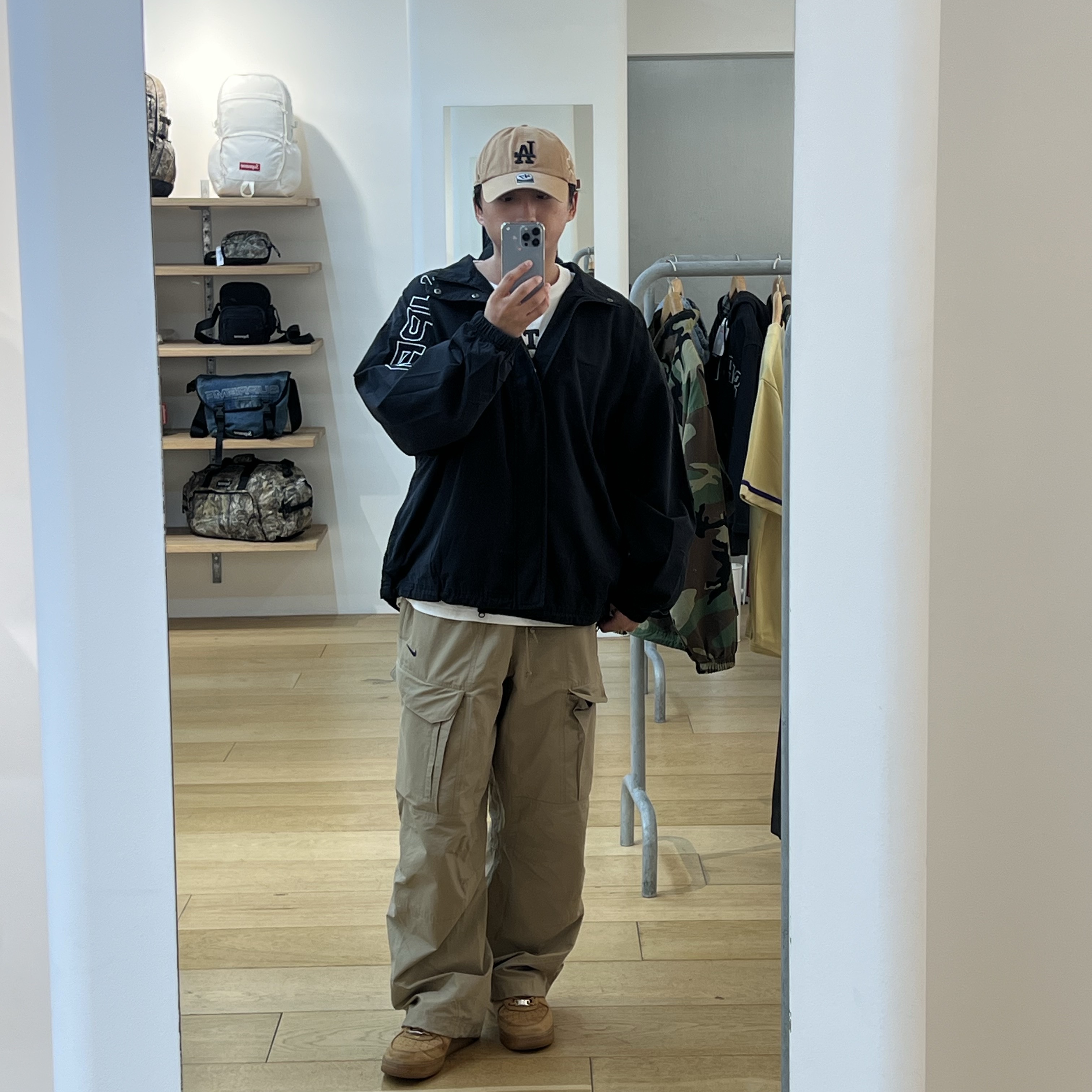 Supreme Spellout Embroidered Ripstop Track Jacket Black - 25FW, Nike x Drake Nocta Opal Tito Neeks Cargo Pants Khaki (FZ0910-247) 착용 스타일