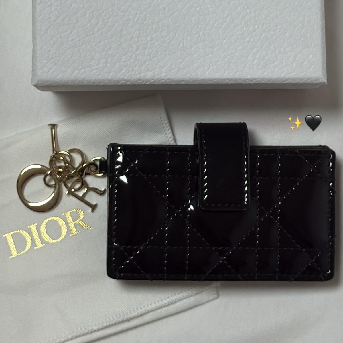 Dior Lady 5-Gusset Card Holder Patent Cannage Calfskin Black 착용 스타일
