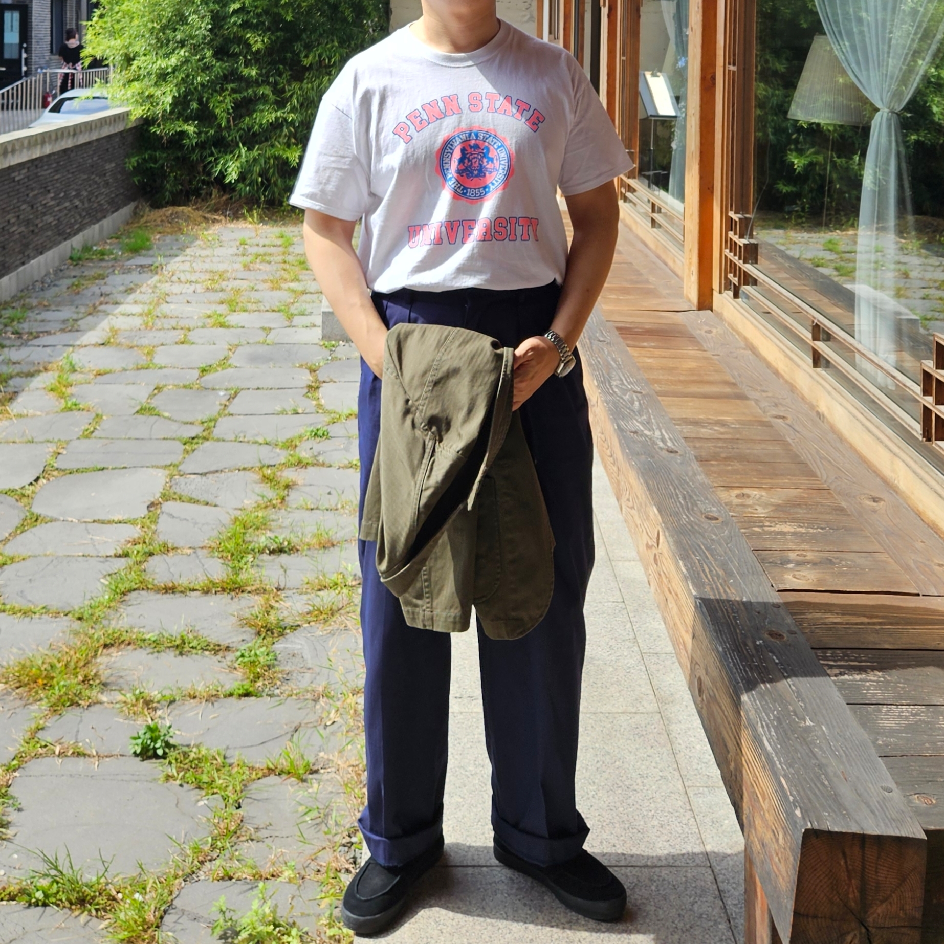 Vans Skate Loafer Suede Black, Engineered Garments Ripstop Bedford Jacket Olive 착용 스타일 - 6