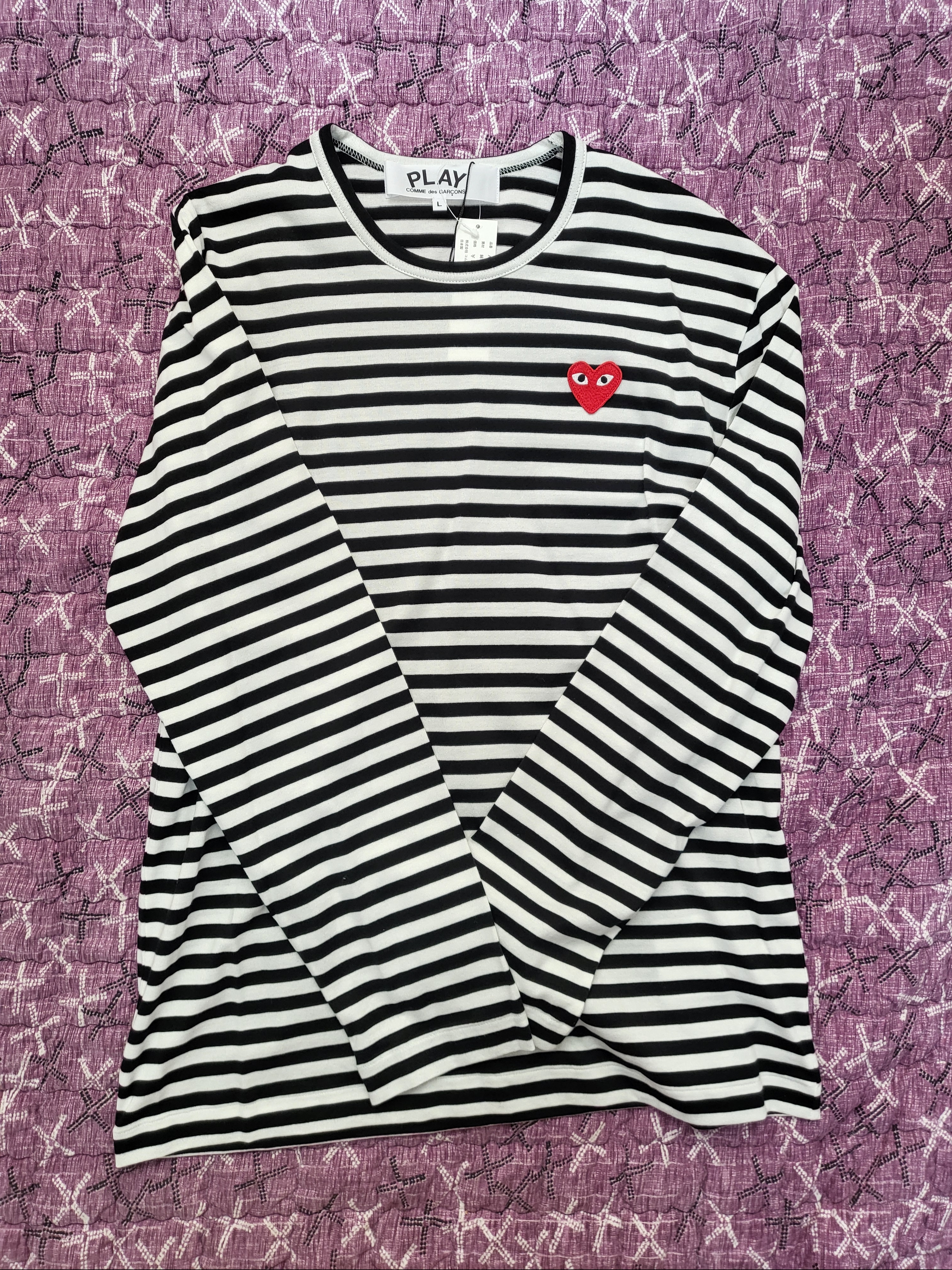 Play Comme des Garcons Striped LS T-Shirt Black White 착용 스타일