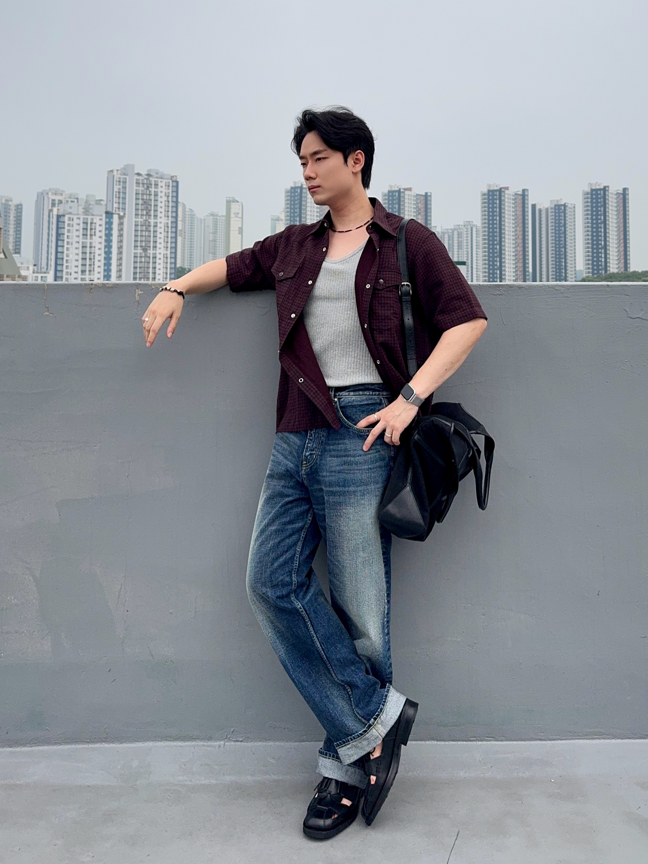 Tonywack Raw Cut Western Check Shirt Burgundy Navy 착용 스타일 - 6