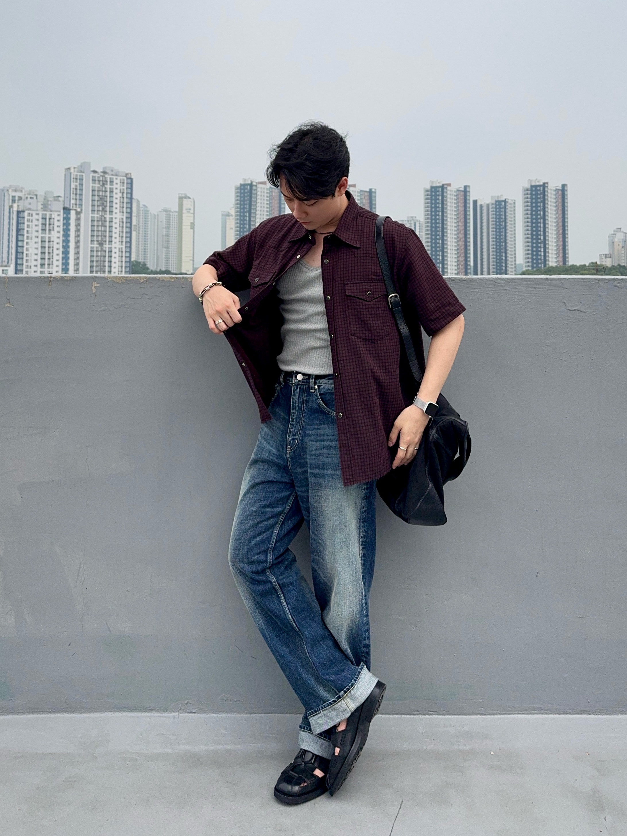 Tonywack Raw Cut Western Check Shirt Burgundy Navy 착용 스타일 - 5