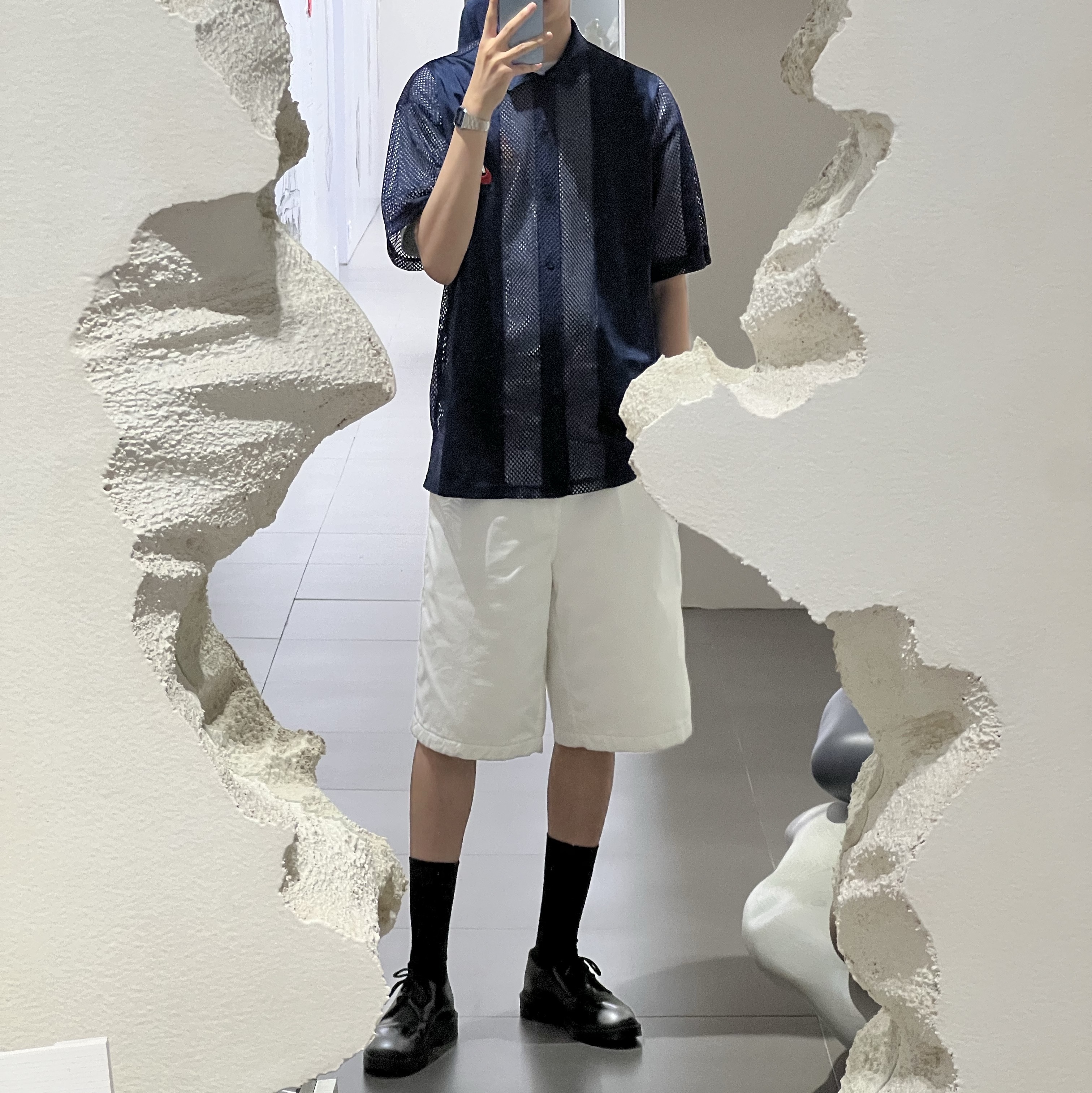 Supreme x Nike Mesh S/S Shirt Navy - 24SS, Supreme x MM6 Maison Margiela Padded Short White - 24SS 착용 스타일