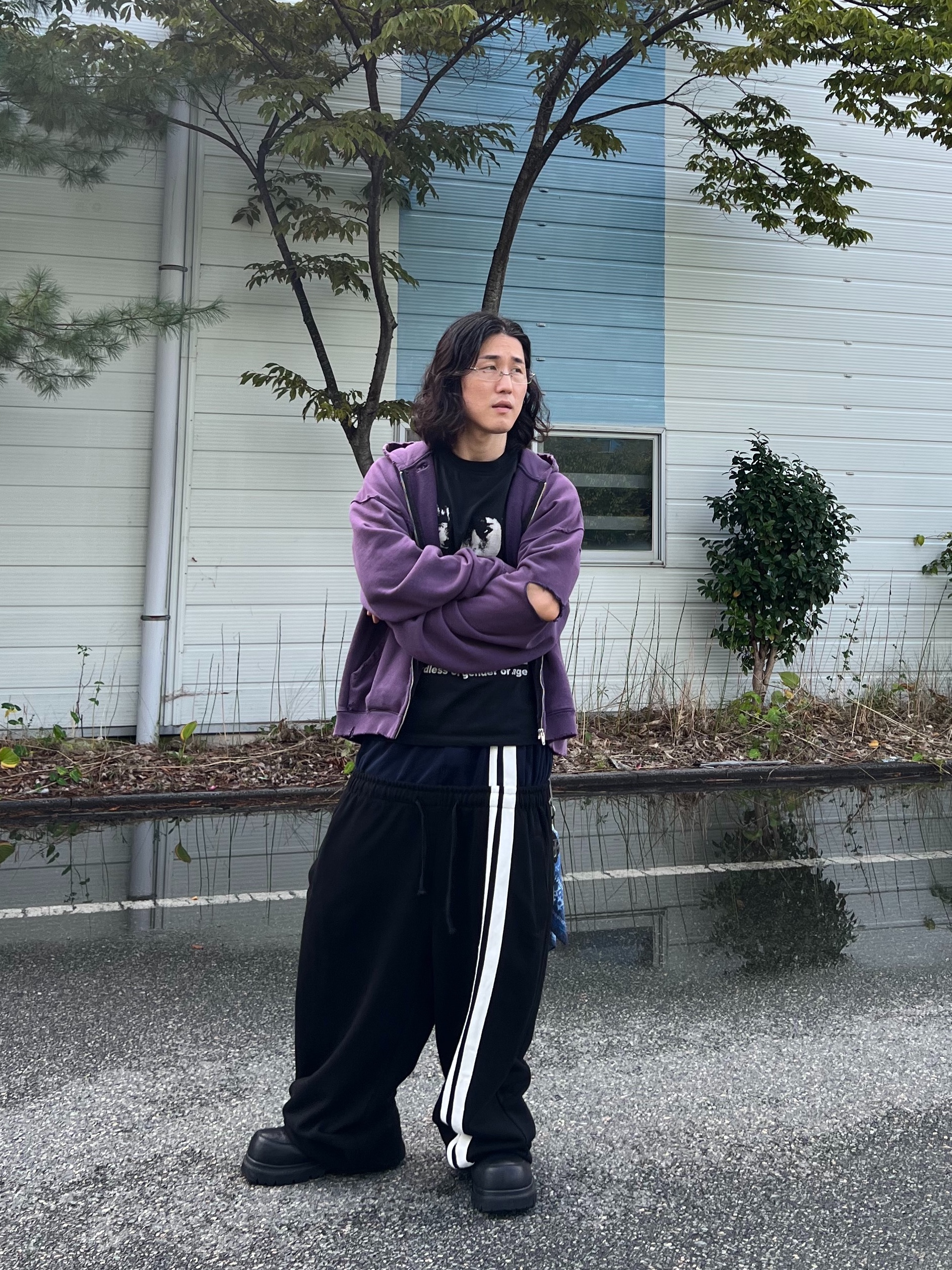 ROARINGRAD Double Waist Sweat Pants Black, Gentle Monster Paranoyd 02 Silver Clear 착용 스타일 - 1