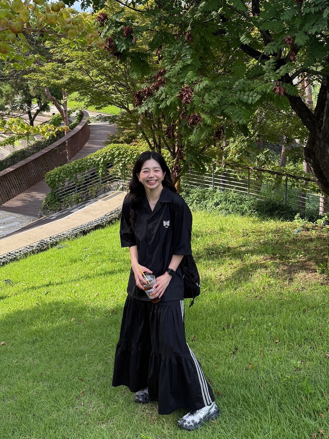 Needles x END. Cabana Shirt Black, (W) Adidas Originals Summer Glow Skirt Black - KR Sizing 착용 스타일 - 2