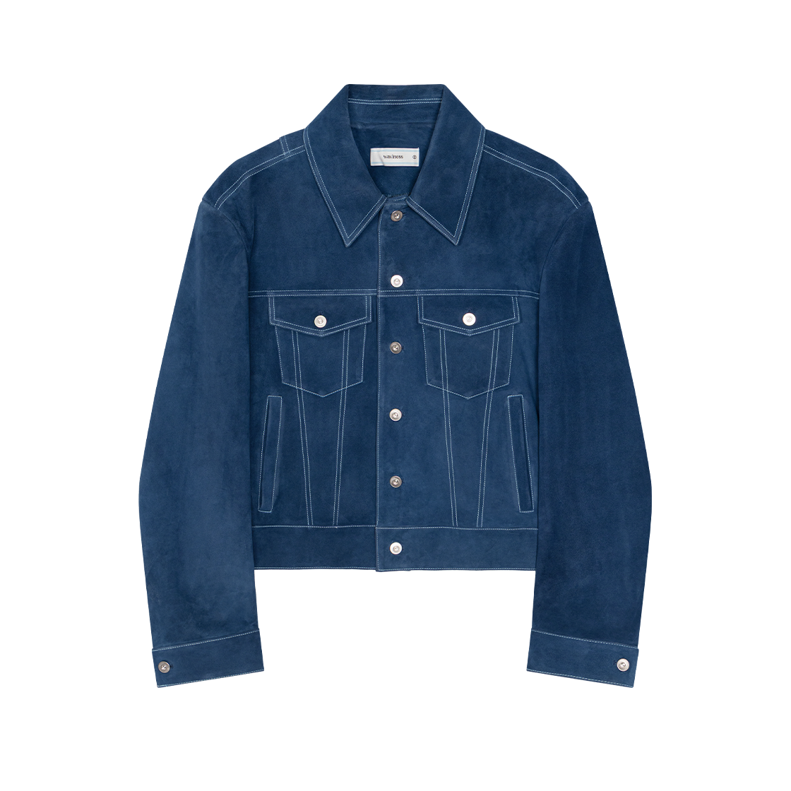 웨이비니스 스틸 크롭 스웨이드 트러커 자켓 잉크 블루(Waviness Still Crop Suede Trucker Jacket Ink Blue)