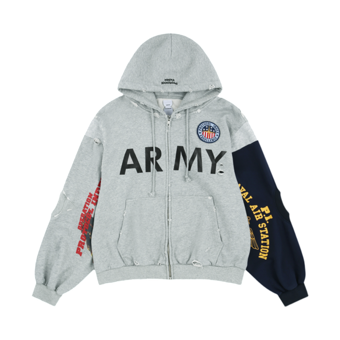 프로토콜 인덱스 리컨스트럭티드 스웨트셔츠 집 후드 멜란지 그레이(Protocol Index Reconstructed Sweatshirts Zip Hoodie Melange Grey)