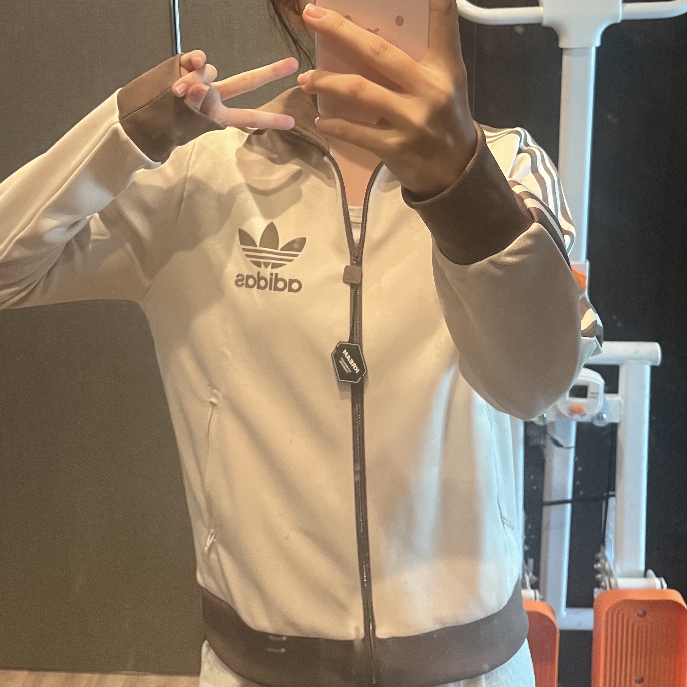 (W) Adidas Beckenbauer Track Top Wonder White Trace Brown - KR Sizing 착용 스타일 - 2