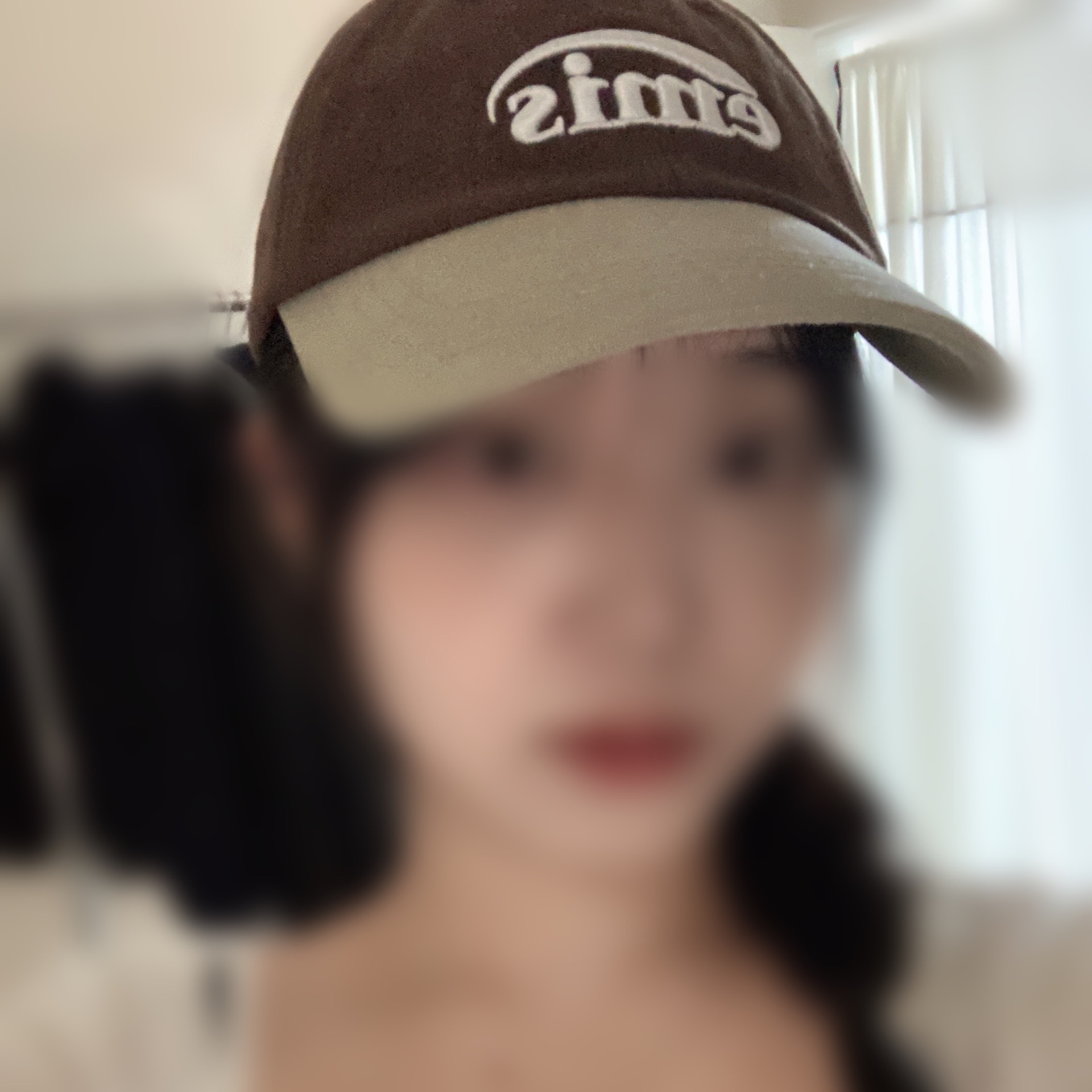 Emis New Logo Mix Ball Cap Beige Brown 착용 스타일