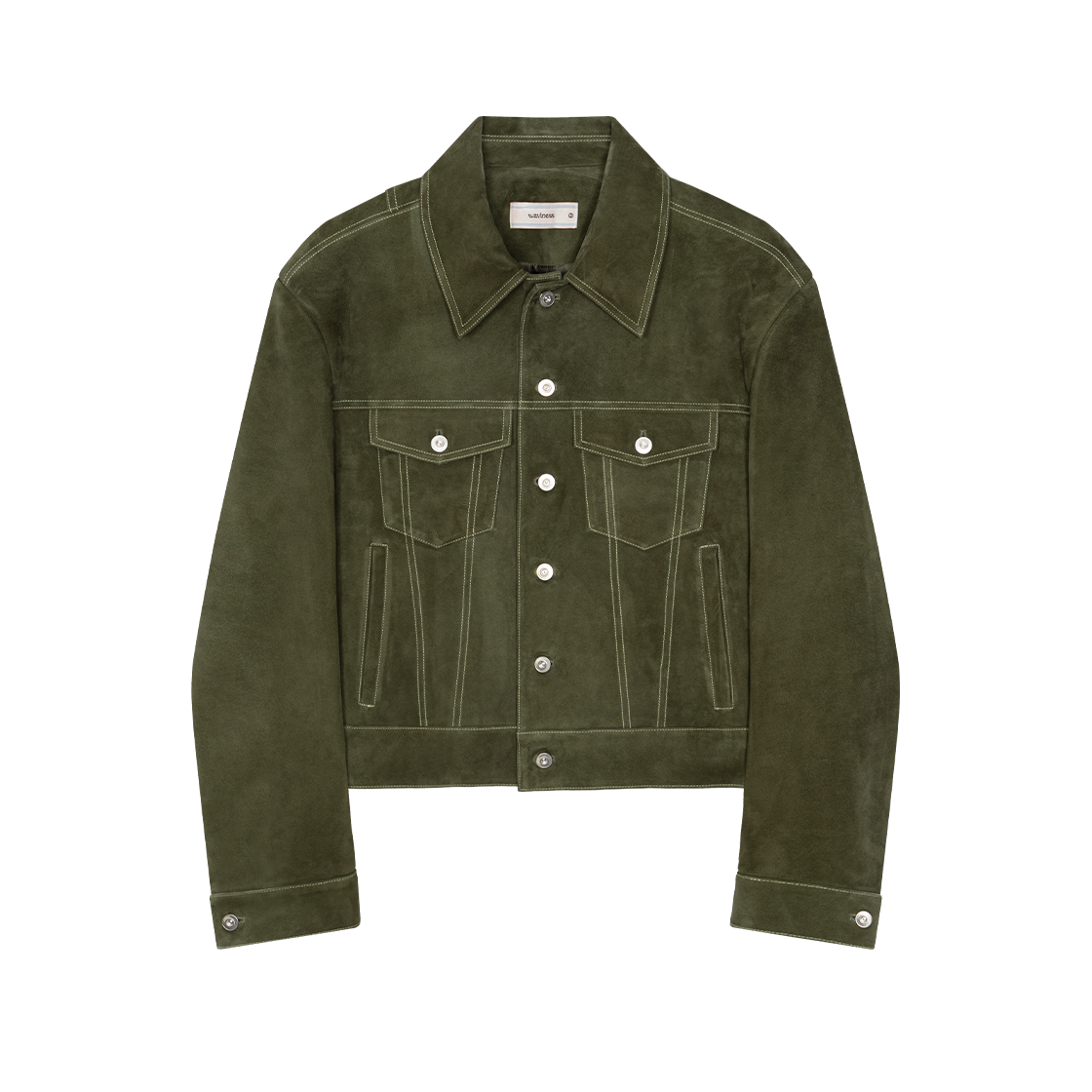 웨이비니스 스틸 크롭 스웨이드 트러커 자켓 그린(Waviness Still Crop Suede Trucker Jacket Green)