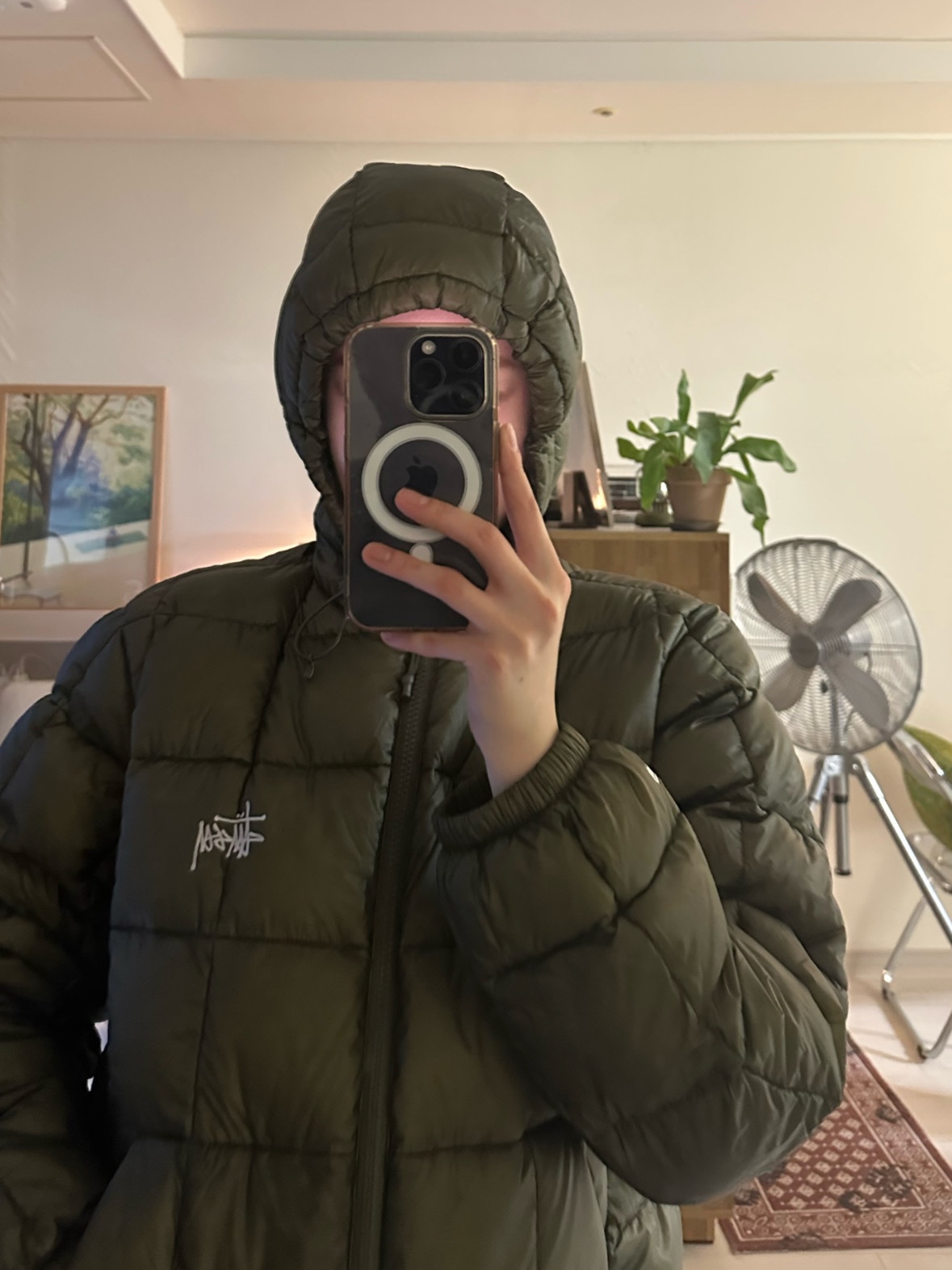 Stussy Midweight Hooded Puffer Olive 착용 스타일