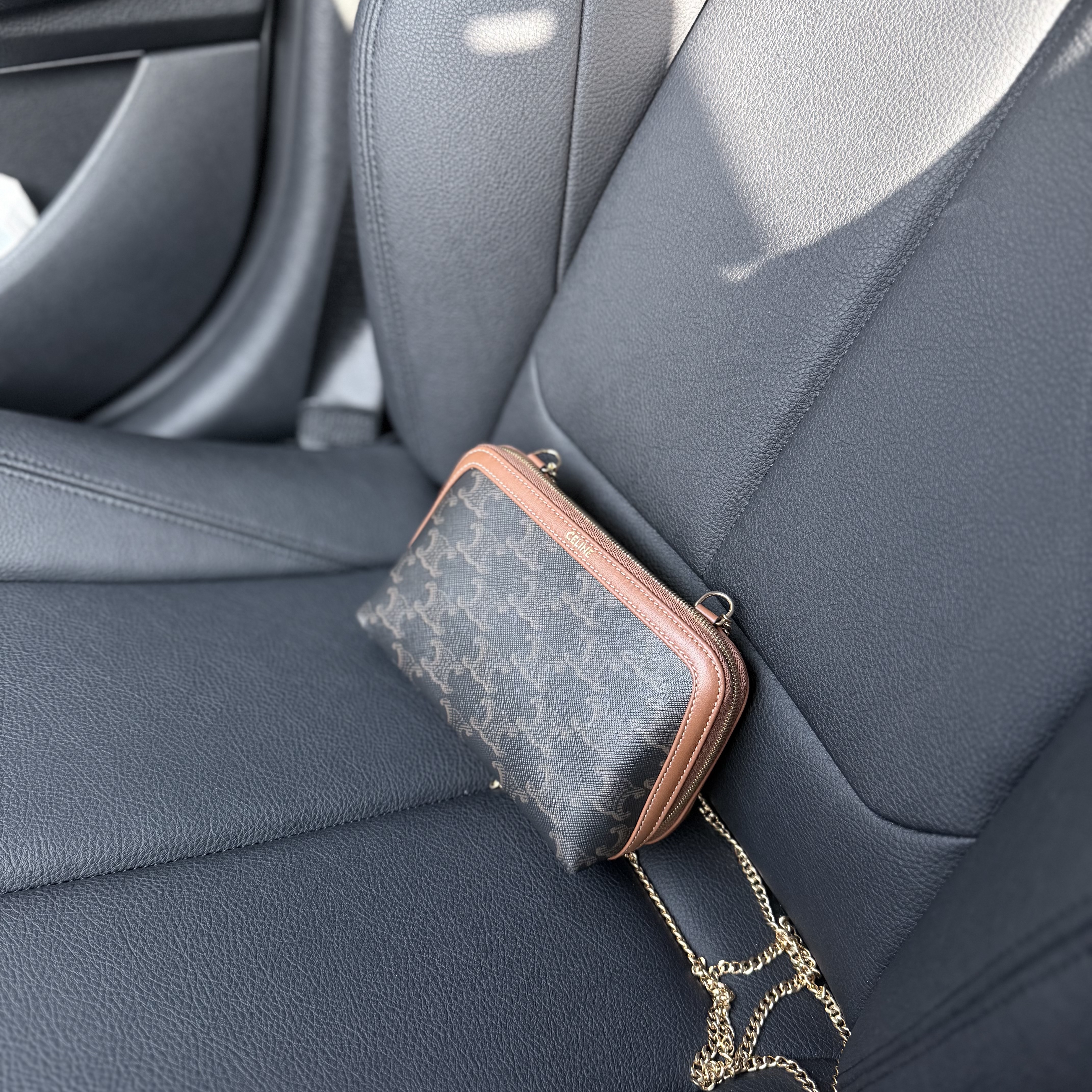 Celine Clutch with Chain in Triomphe Canvas and Lambskin Tan 착용 스타일