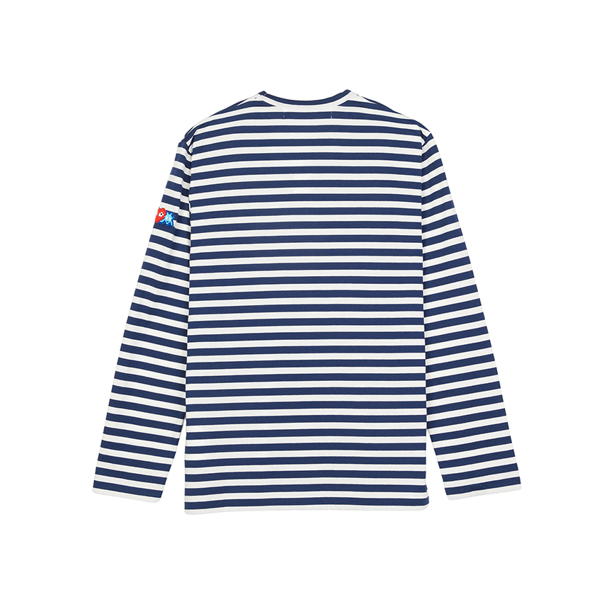 [25% 쿠폰] 플레이 꼼데가르송 x 인베이더 더블 픽셀 하트 스트라이프 롱 슬리브 티셔츠 블루([25% 쿠폰] Play Comme des Garcons x Invader Double Pixel Heart Striped Long Sleeve T-Shirt Blue) - 3