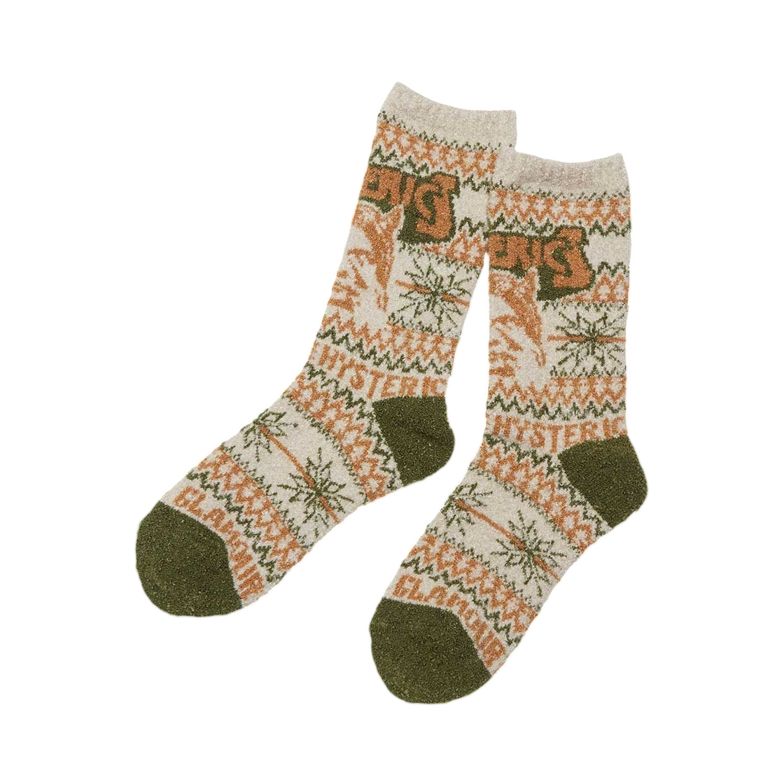 (W) 히스테릭 글래머 씨 노 이블 노르딕 패턴 삭스 카키((W) Hysteric Glamour See No Evil Nordic Pattern Socks Khaki) - 1