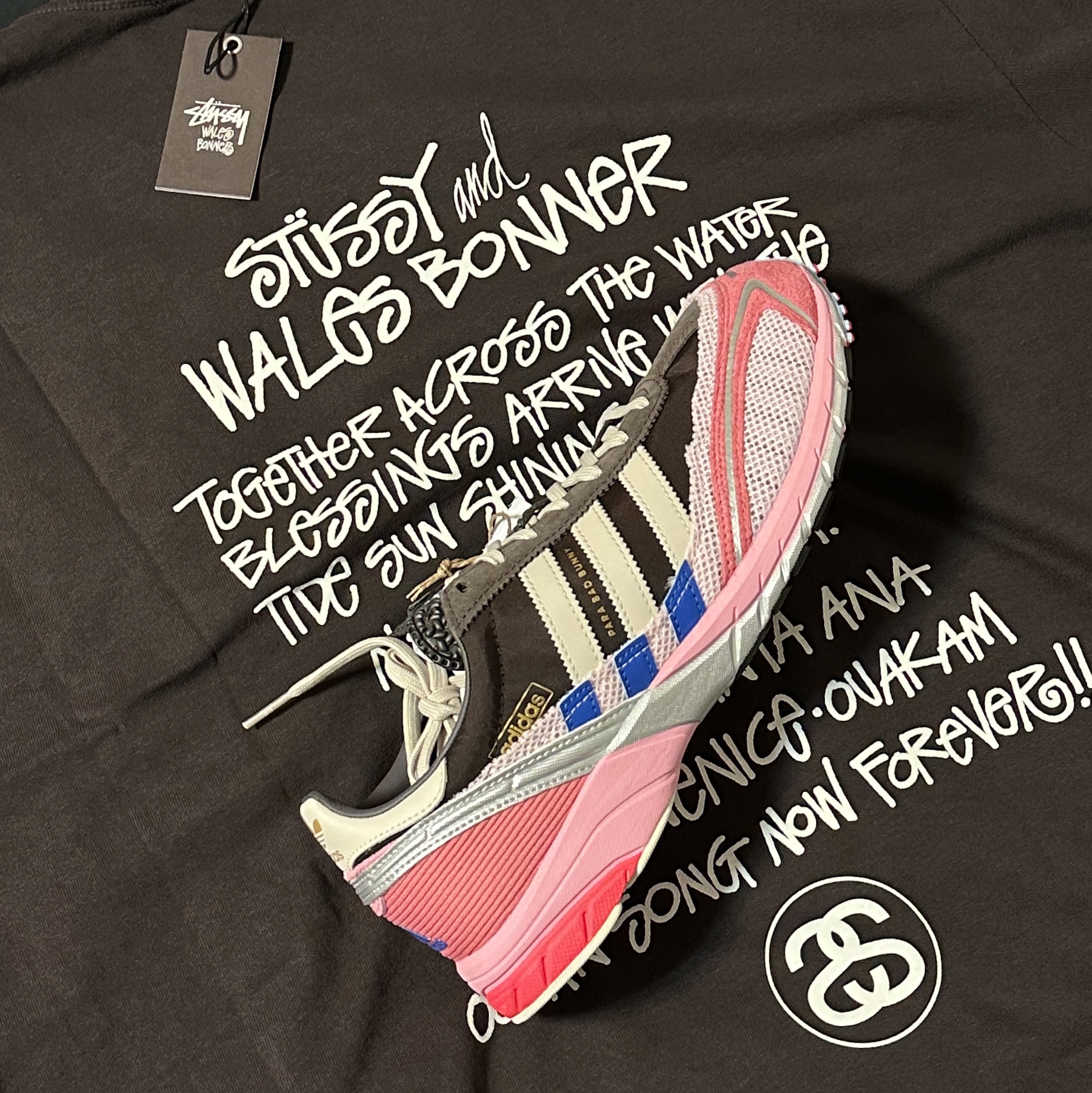 Stussy x Wales Bonner Ocean Song T-Shirt Brown, Adidas x Bad Bunny Adizero SL 72 Brown Clear Pink 착용 스타일