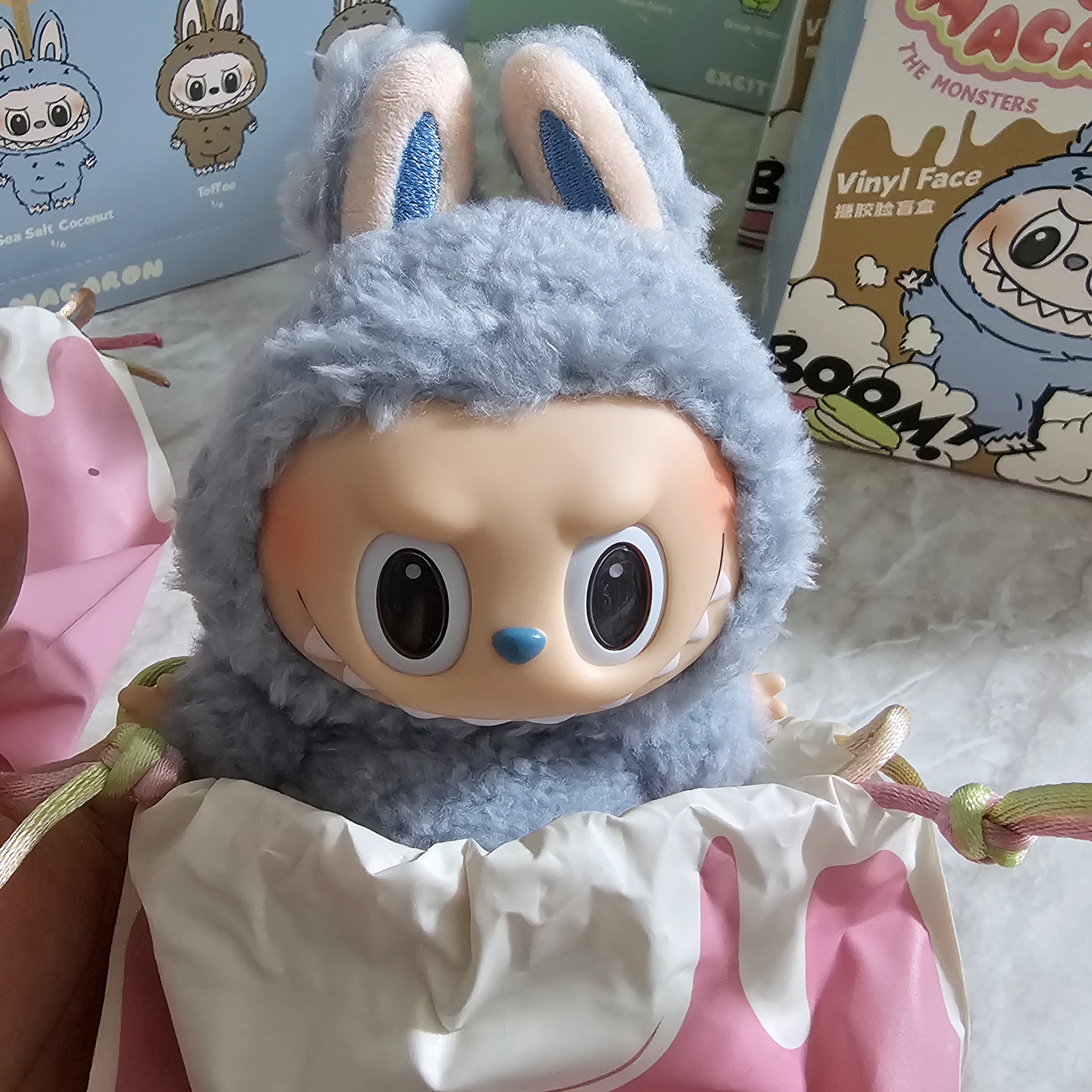 Pop Mart Labubu The Monsters Labubu Tasty Macarons Series Sea Salt Coconut Keyring 착용 스타일
