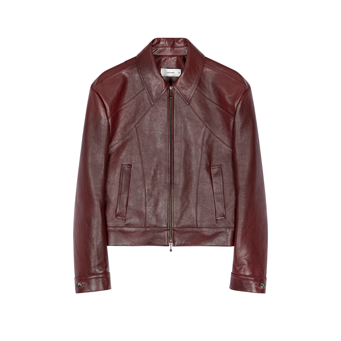 웨이비니스 프레임 크롭 레더 자켓 버건디(Waviness Frame Crop Leather Jacket Burgundy)