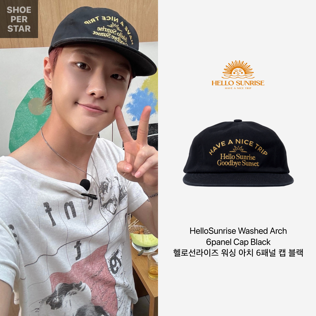 Hello Sunrise Washed Typo Arch Logo 6panel Cap Black 착용 스타일 - 2