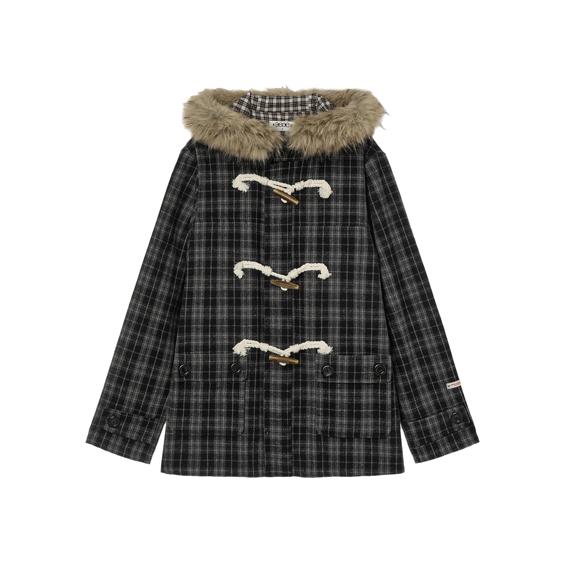 에이이에이이 퍼 후드 더플 코트 체크 블랙(AEAE Fur Hood Duffle Coat Check Black)