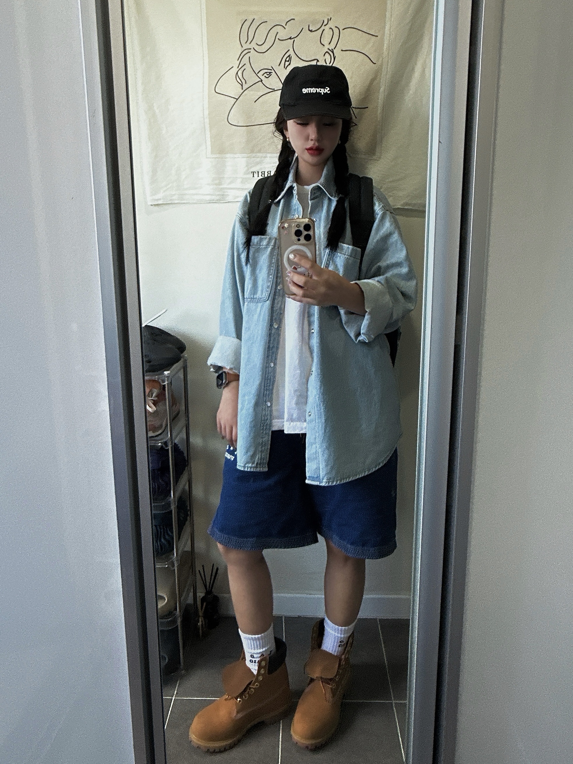 Stussy Canvas Backpack Washed Black, IAB Studio Denim Shirt Blue 착용 스타일