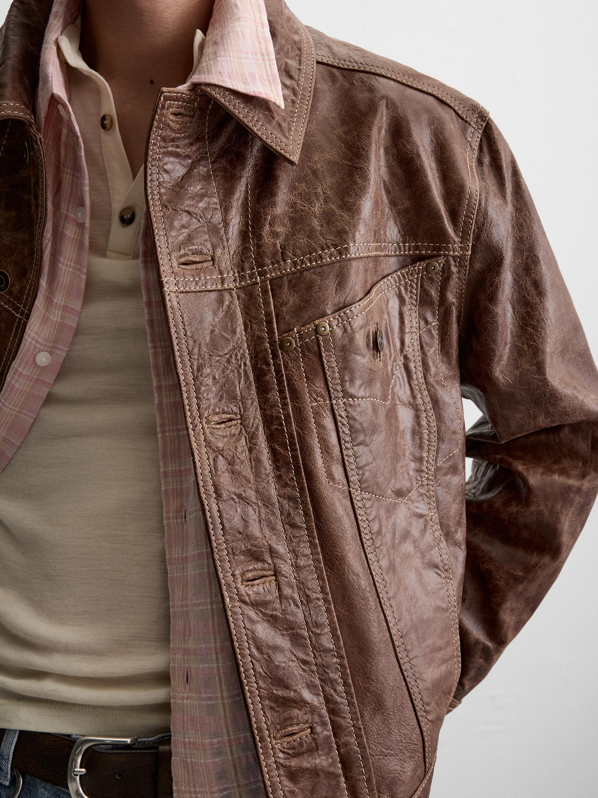 Zara Washed Leather Jacket Brown 착용 스타일