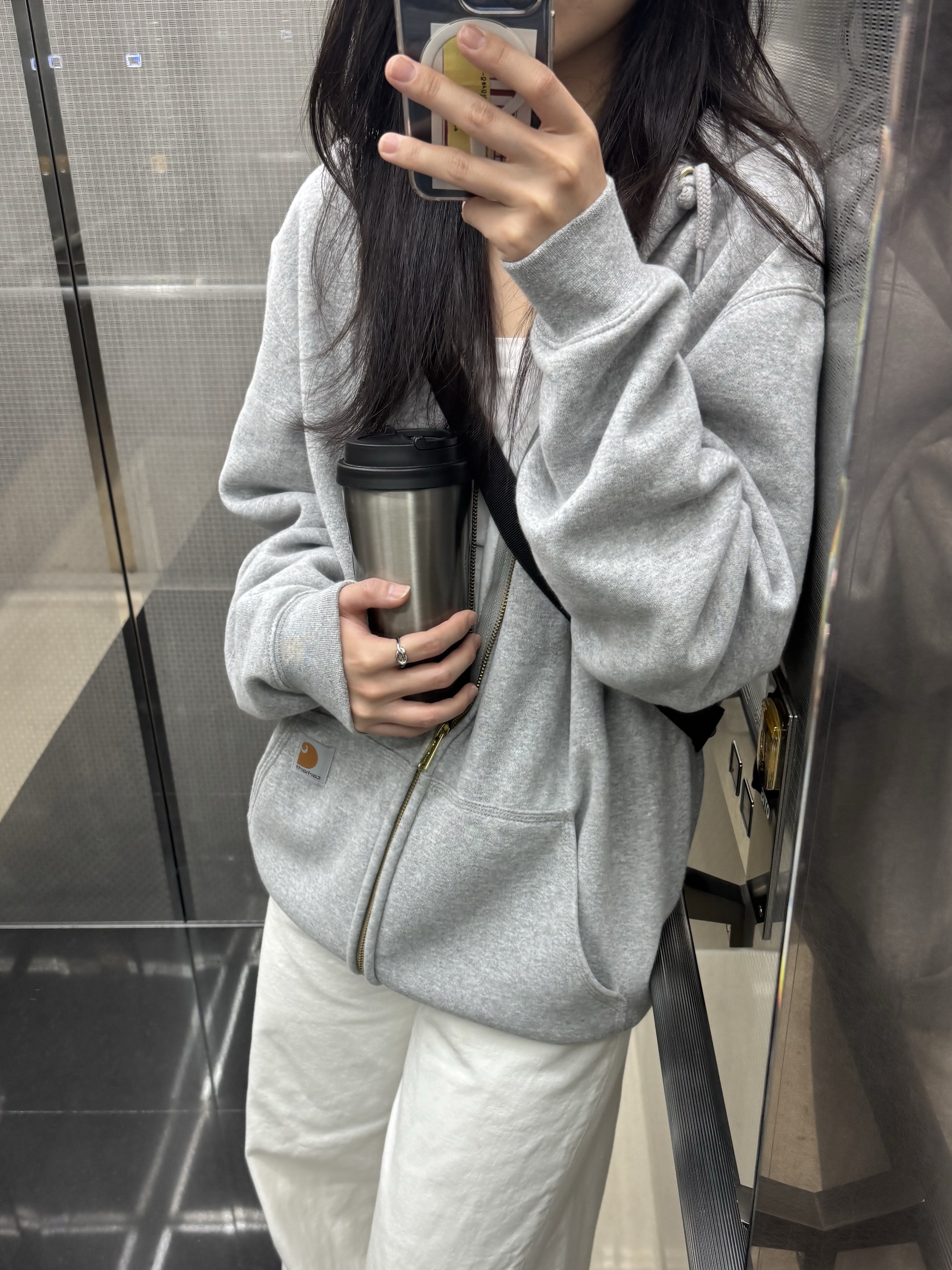 Carhartt Loose Fit Midweight Full Zip Sweatshirt Heather Grey 착용 스타일 - 2