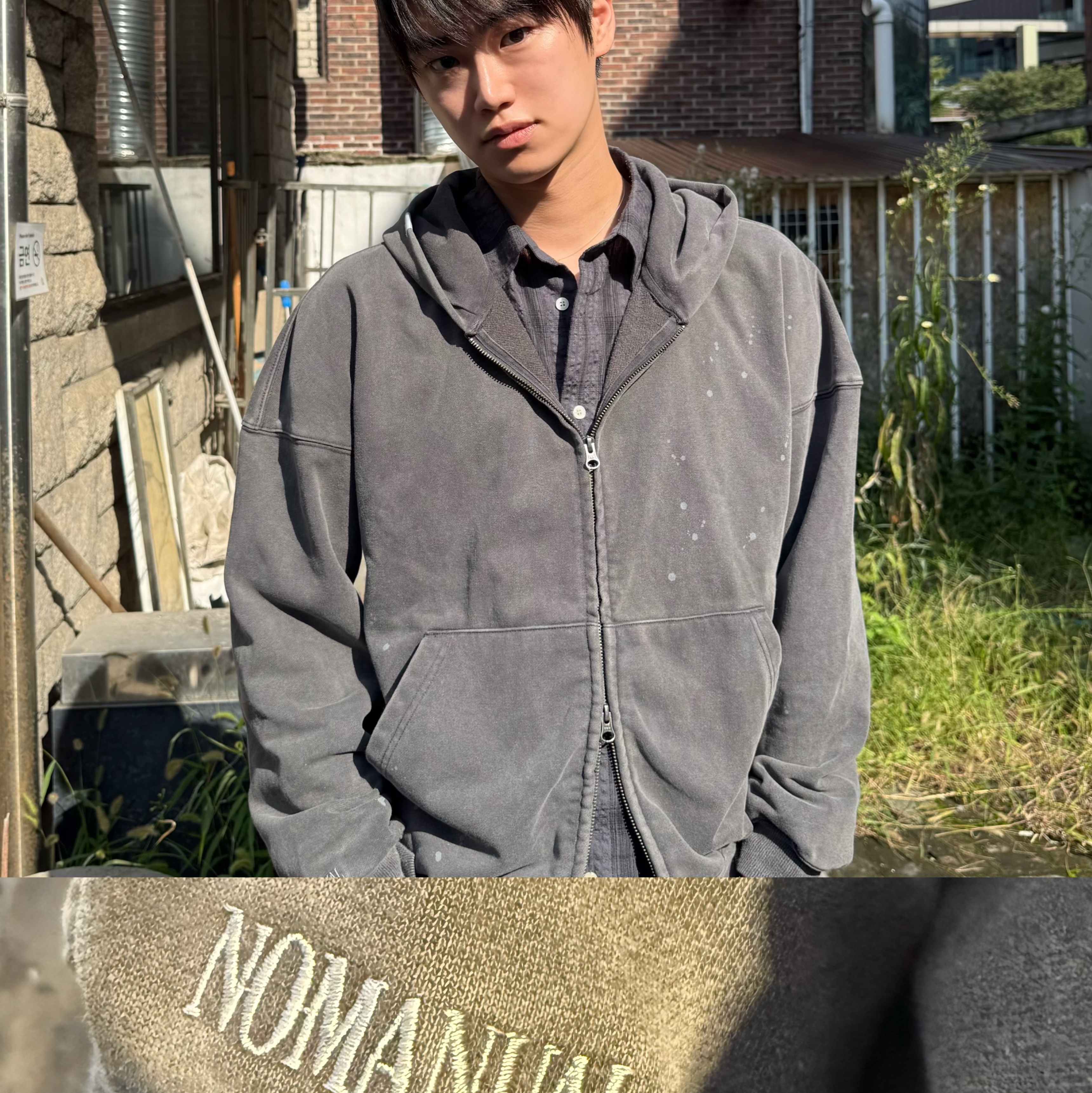 [KREAM 단독] NOMANUAL Painted Hooded Zip-up Washed Black 착용 스타일 - 2