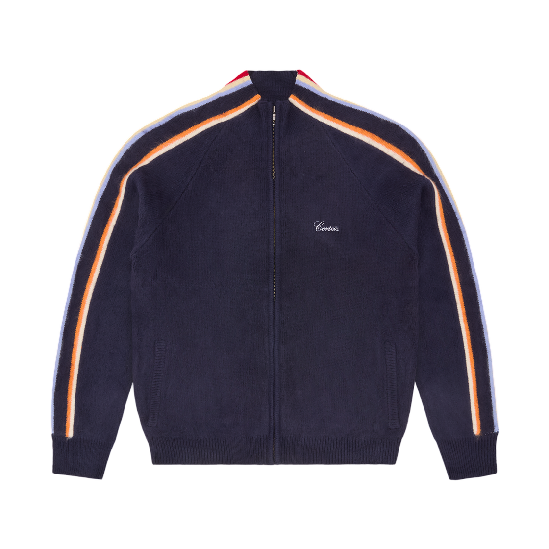 코르테이즈 멀티 스트라이프 니트 집업 네이비(Corteiz Multi Stripe Knit Zip Up Navy)