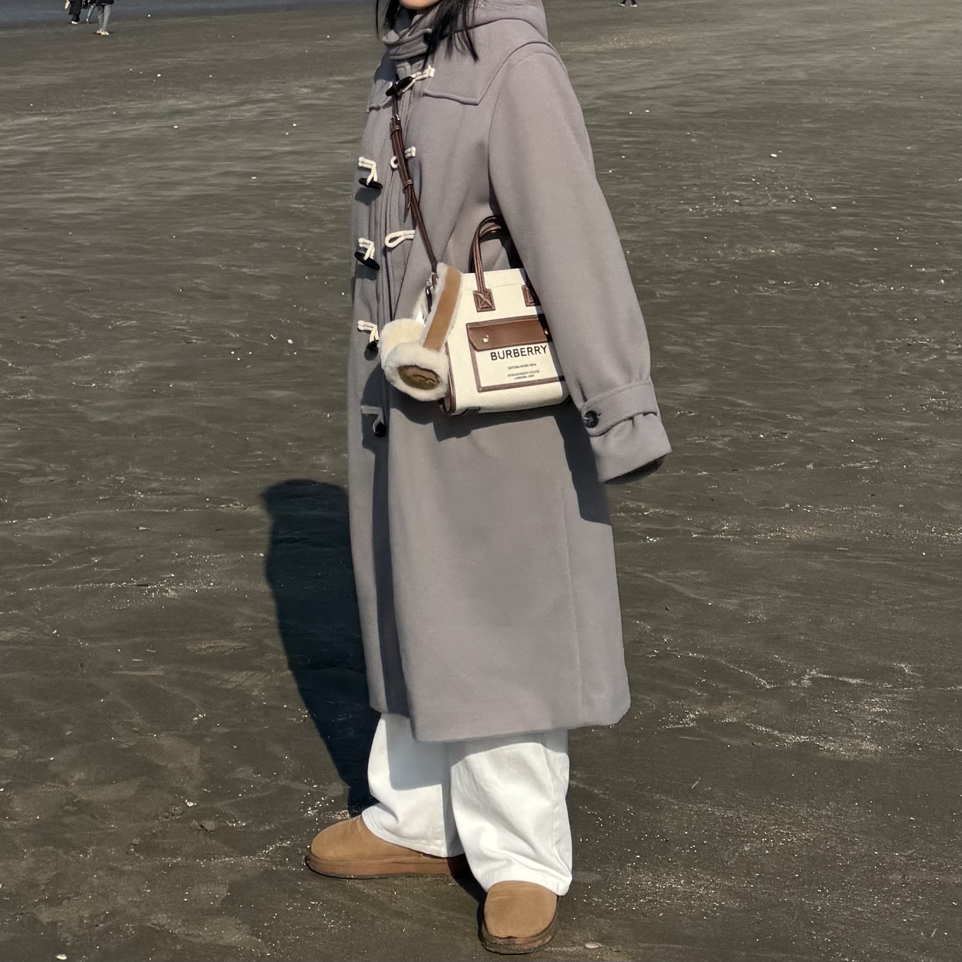 (W) UGG Embroidered Logo Earmuff Chestnut, Burberry Mini Two-Tone Canvas and Leather Freya Tote Bag Natural Tan 착용 스타일