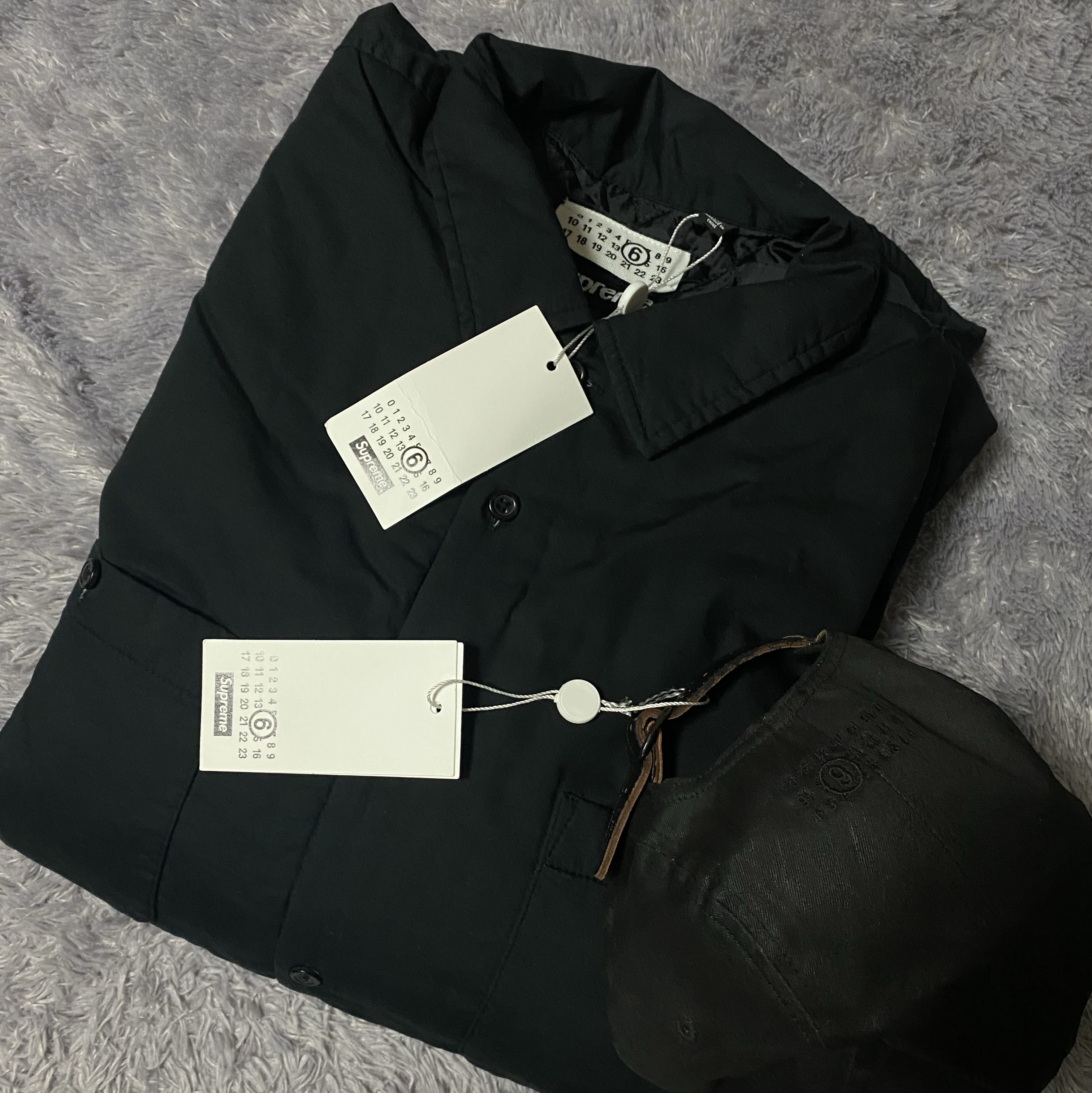 Supreme x MM6 Maison Margiela Padded Shirt Black - 24SS, Supreme x MM6 Maison Margiela Painted Camp Cap Black - 24SS 착용 스타일