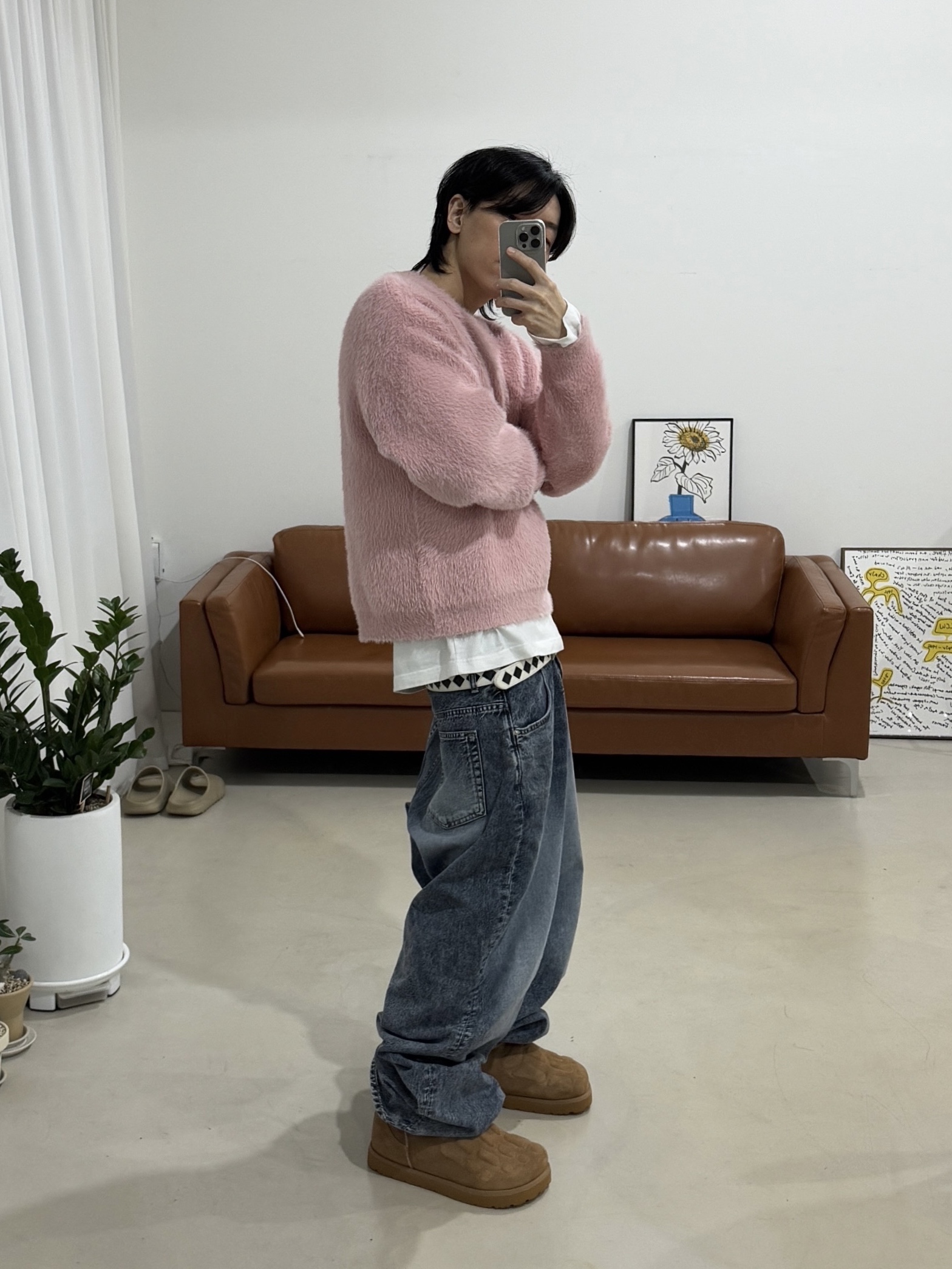 Stussy Argyle Stitch Leather Belt Cream 착용 스타일 - 2