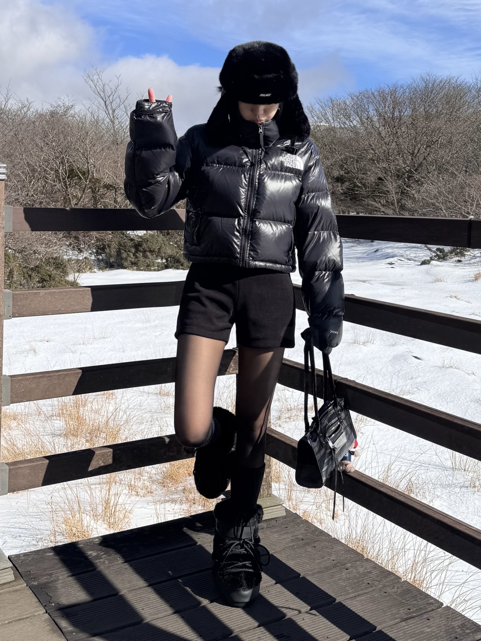 (W) The North Face Nuptse Short Jacket TNF Black, (W) Moon Boot Icon Low Faux-Fur Boots Black 착용 스타일