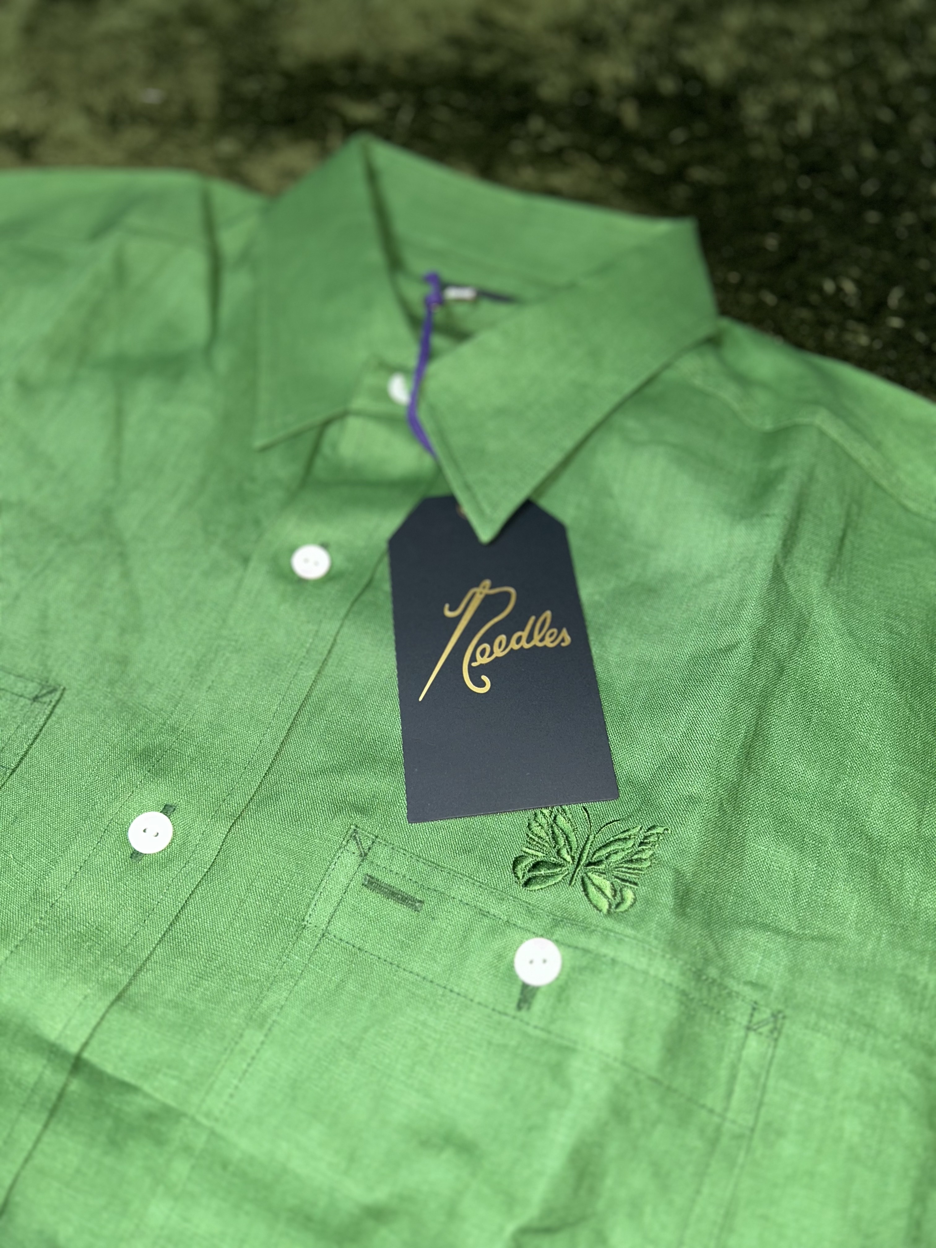 Needles Linen Canvas Work Shirt Green 착용 스타일 - 1