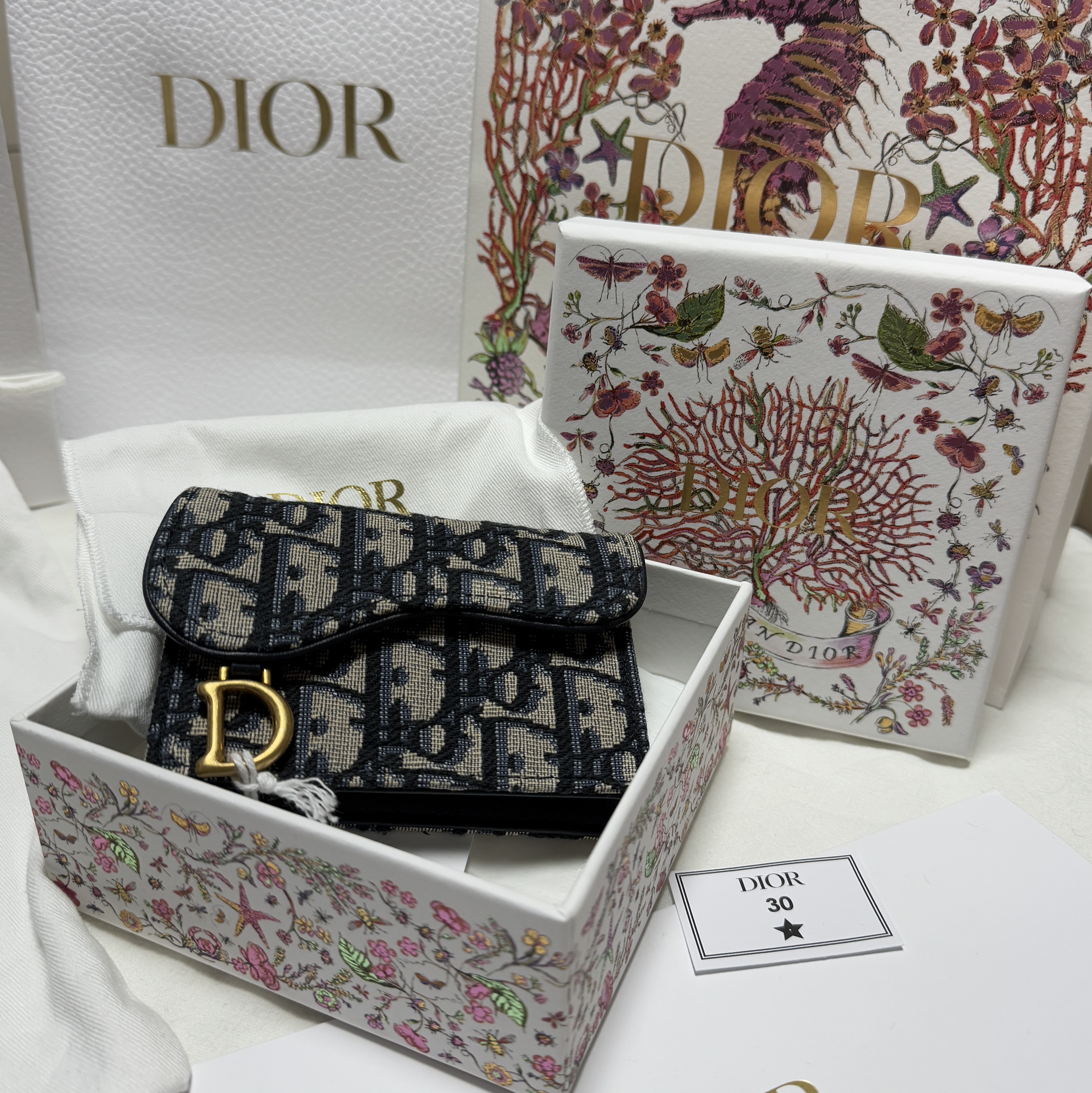 Dior Saddle Flap Card Holder Blue Dior Oblique Jacquard 착용 스타일 - 3
