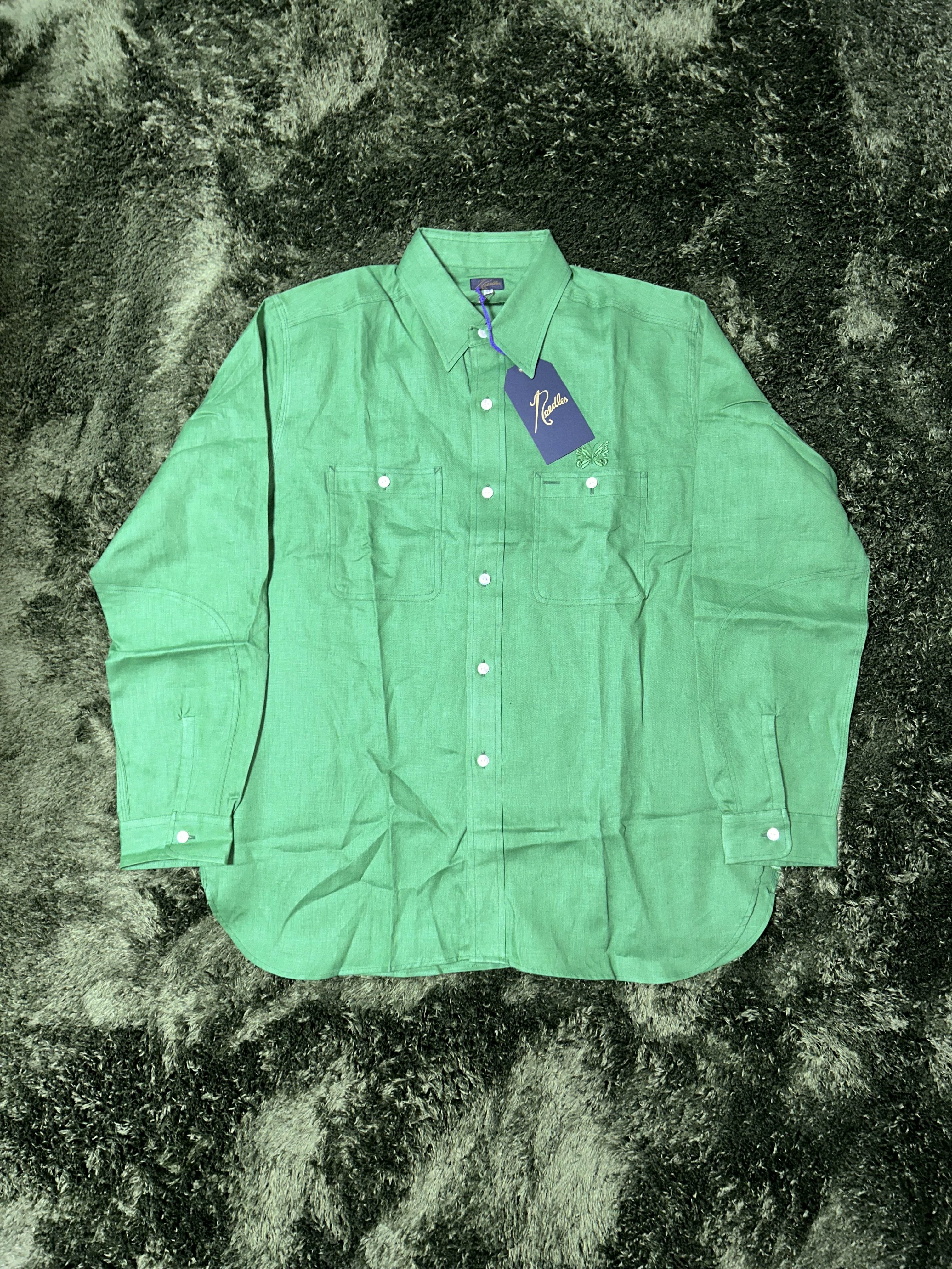 Needles Linen Canvas Work Shirt Green 착용 스타일 - 2