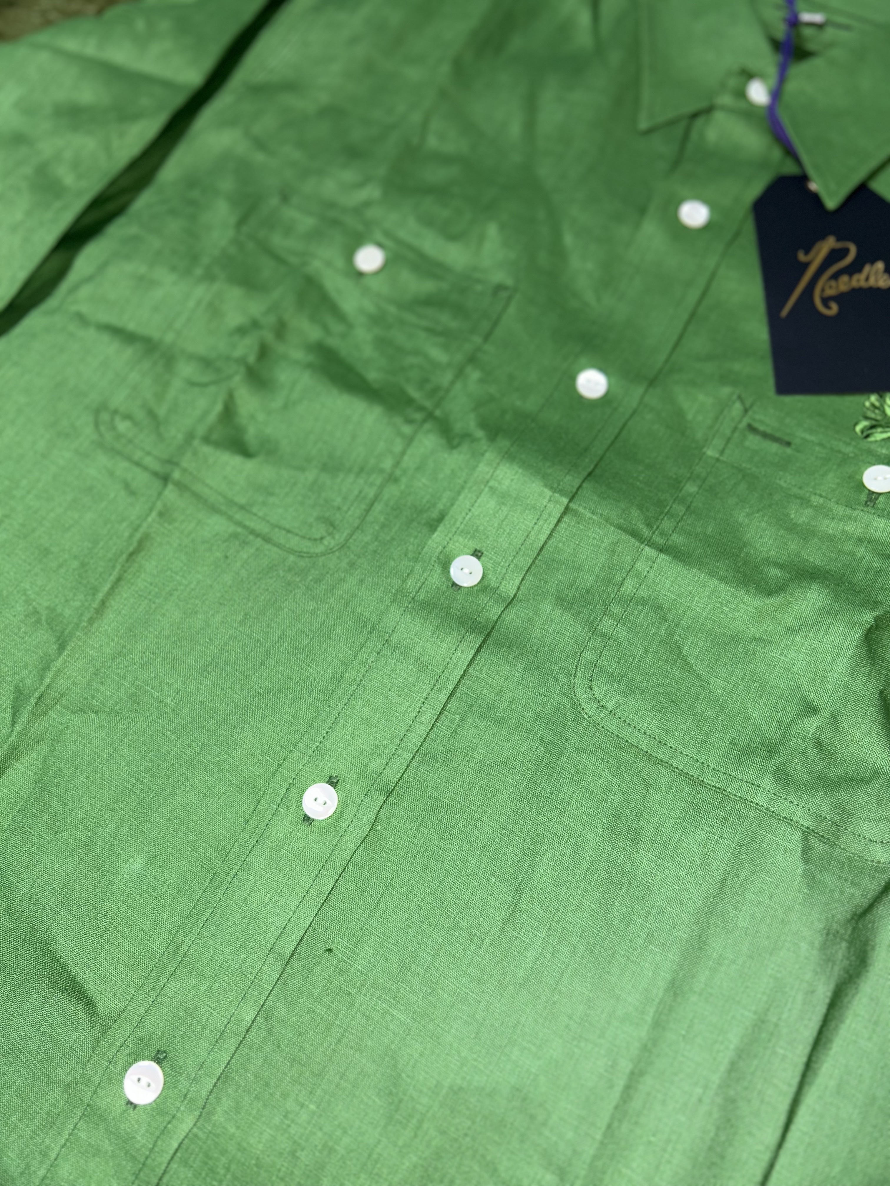 Needles Linen Canvas Work Shirt Green 착용 스타일 - 4