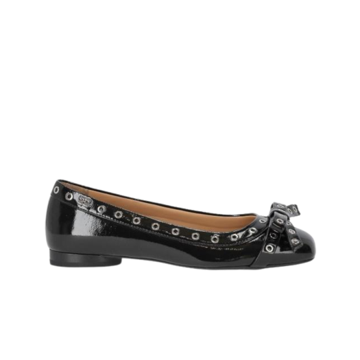 (W) Ganni Eyelet Bow Leather Ballerina Flat Black