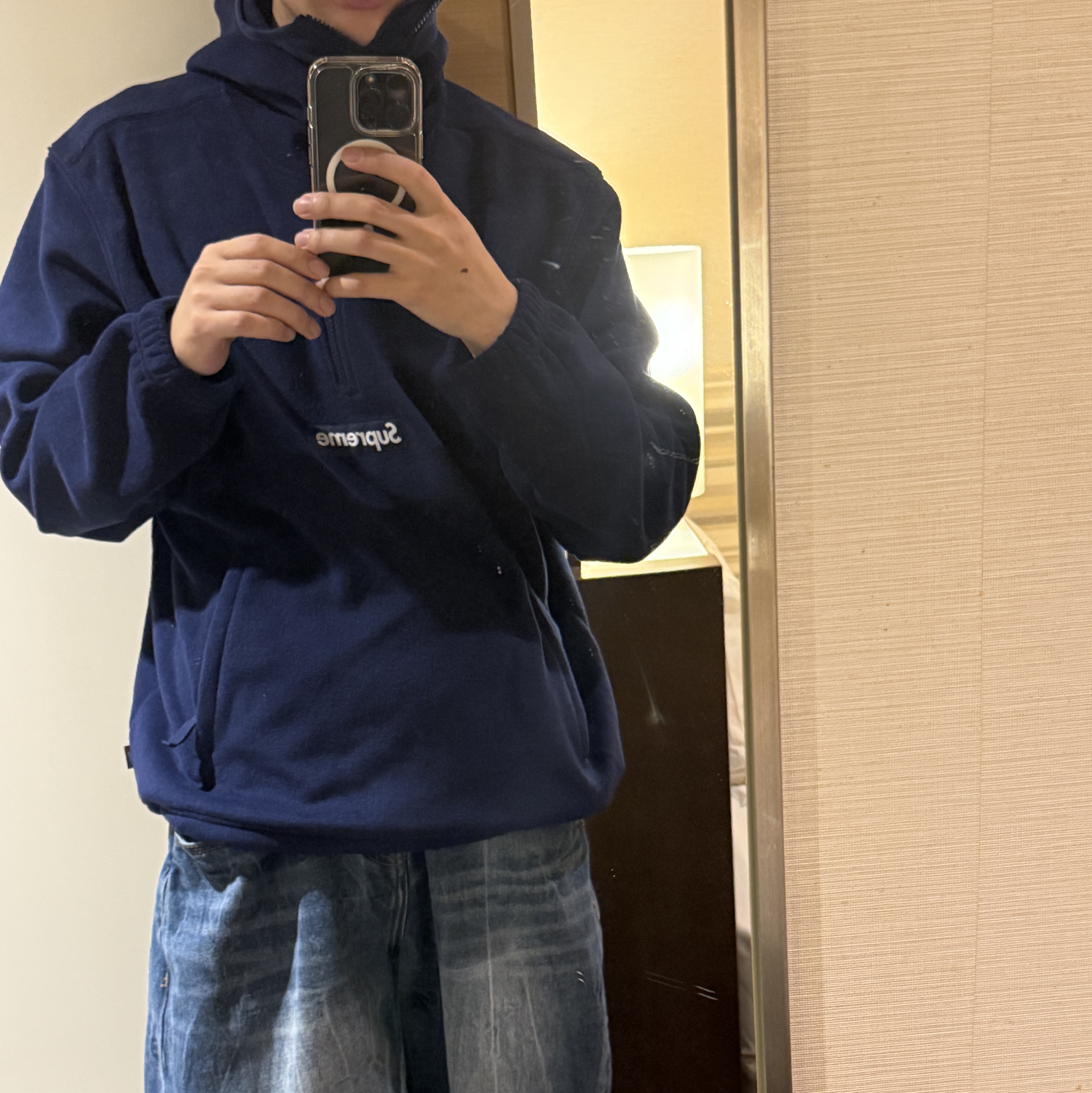 Supreme Polartec Facemask Half Zip Hooded Sweatshirt Navy - 24FW 착용 스타일