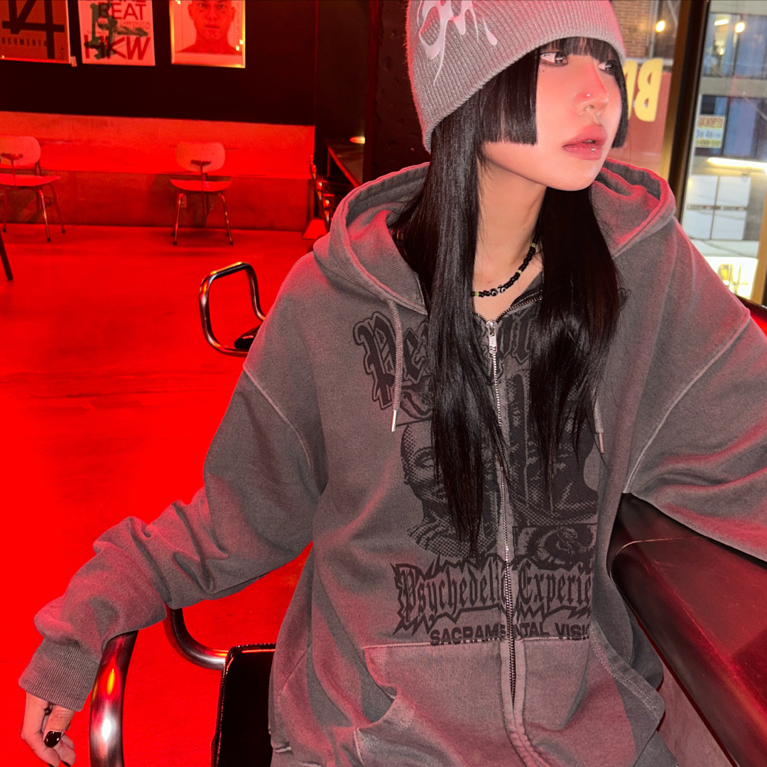 DEFYCLUBROBBERS The Doors Of Perception Hoodie Zip-Up Pigment Charcoal 착용 스타일 - 3