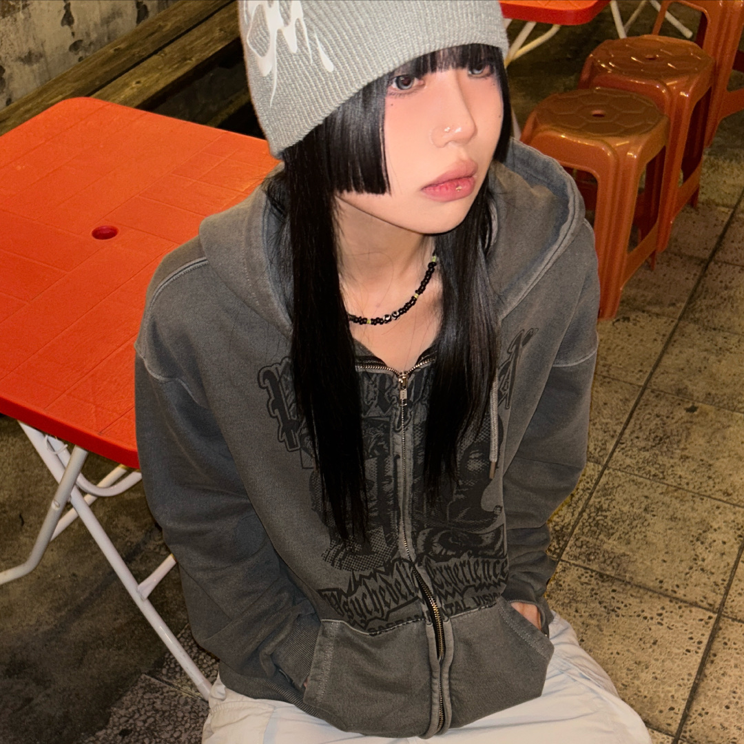 DEFYCLUBROBBERS The Doors Of Perception Hoodie Zip-Up Pigment Charcoal 착용 스타일 - 2