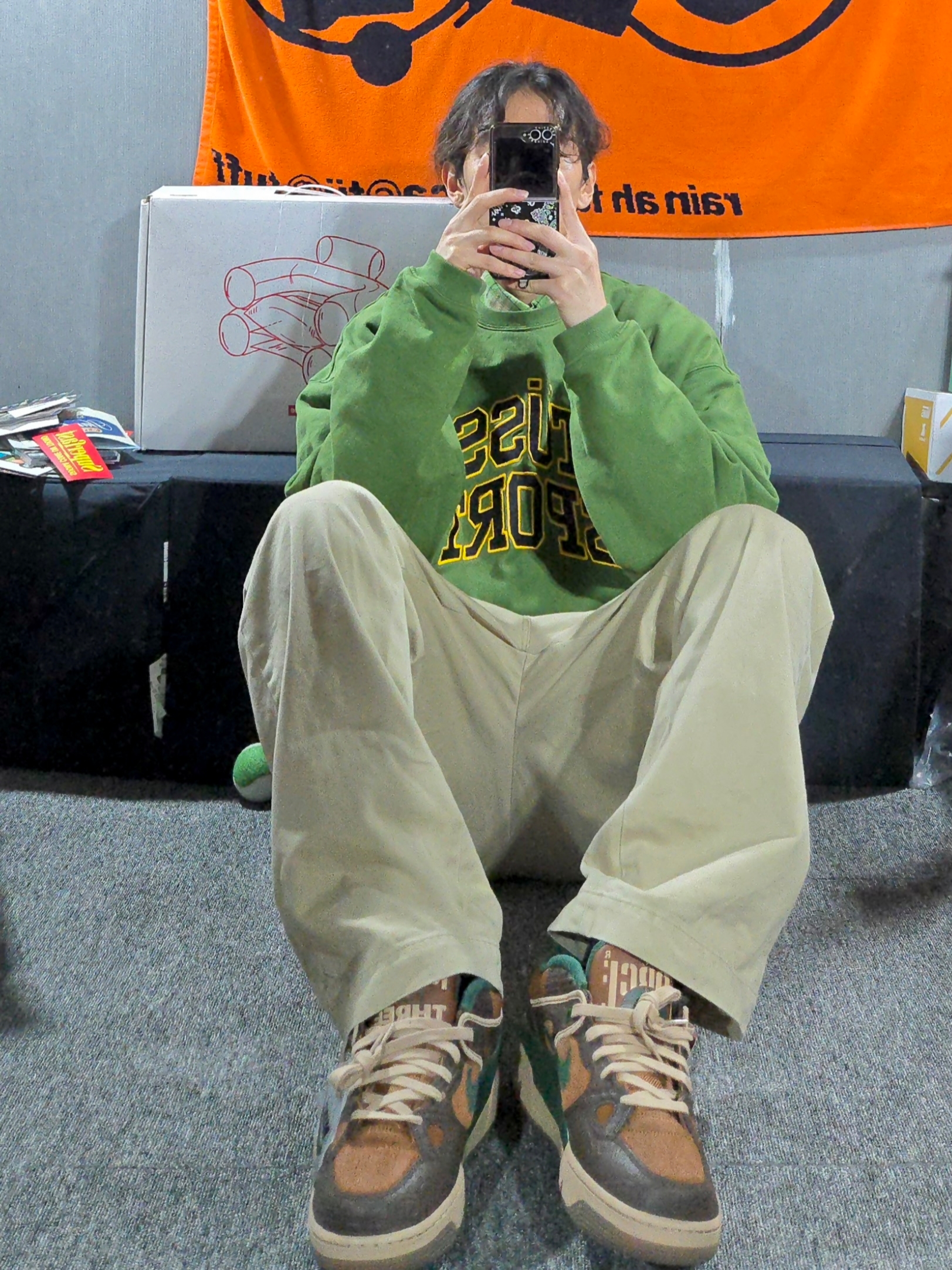 Nike x Nigo Air Force 3 Low SP Baroque Brown and Pecan, Stussy Relaxed Oversized Crew Green 착용 스타일