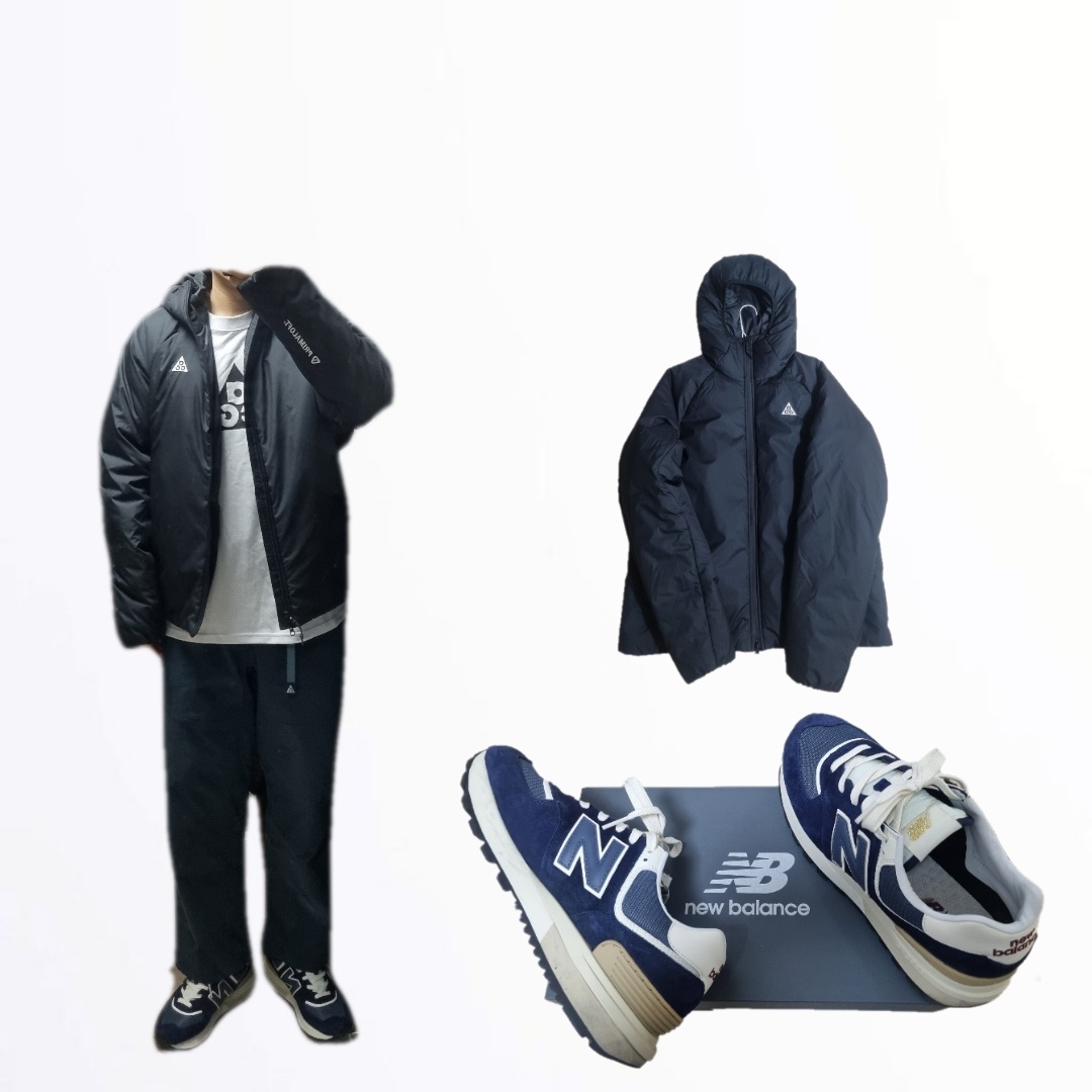 New Balance 574 Legacy Navy, Nike ACG Rope De Dope Primaloft Therma-Fit Jacket Black Summit White - Asia 착용 스타일