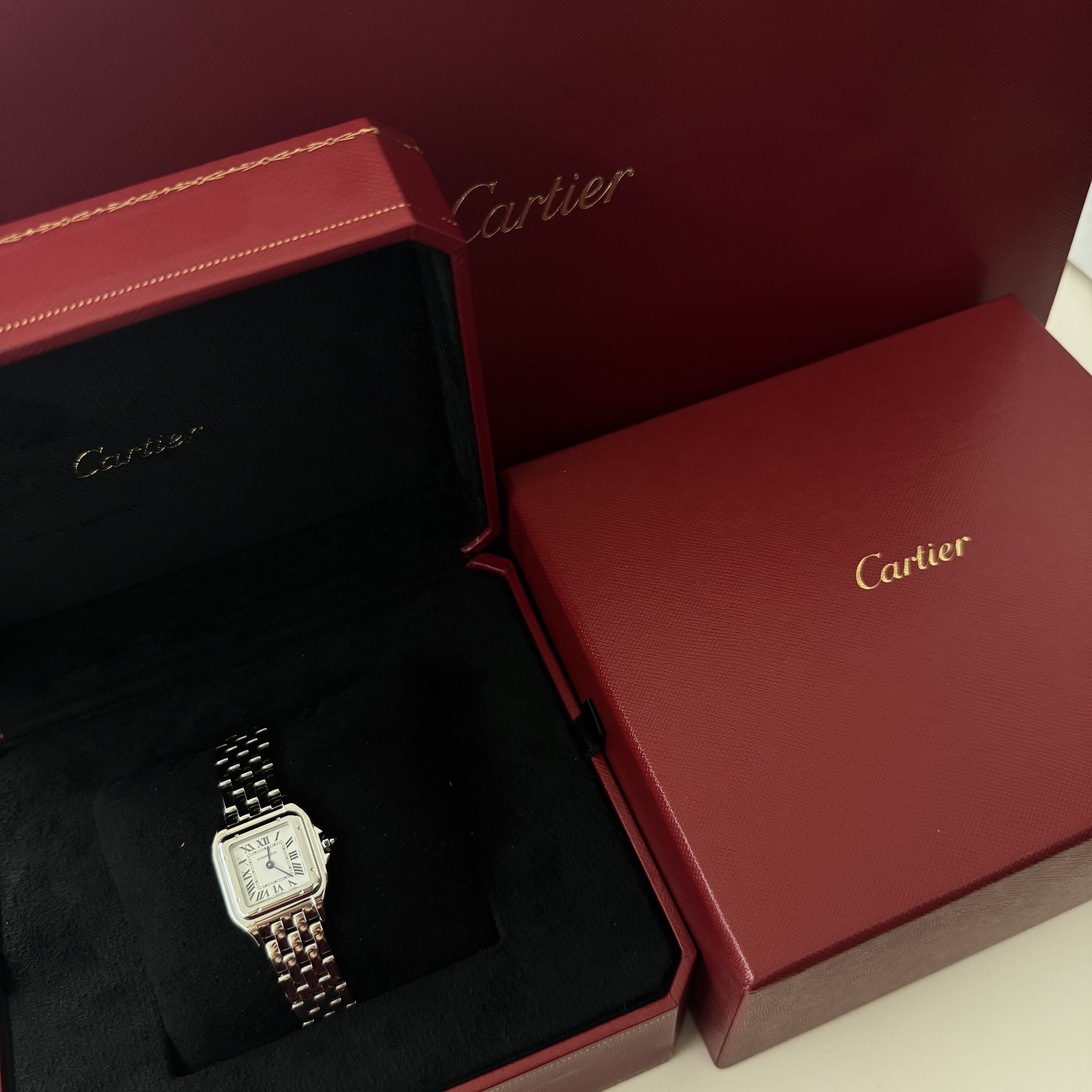 Cartier Panthere Watch Small Quartz Steel Bracelet Steel, Cartier Trinity Ring Small White Gold Rose Gold Yellow Gold 착용 스타일 - 3