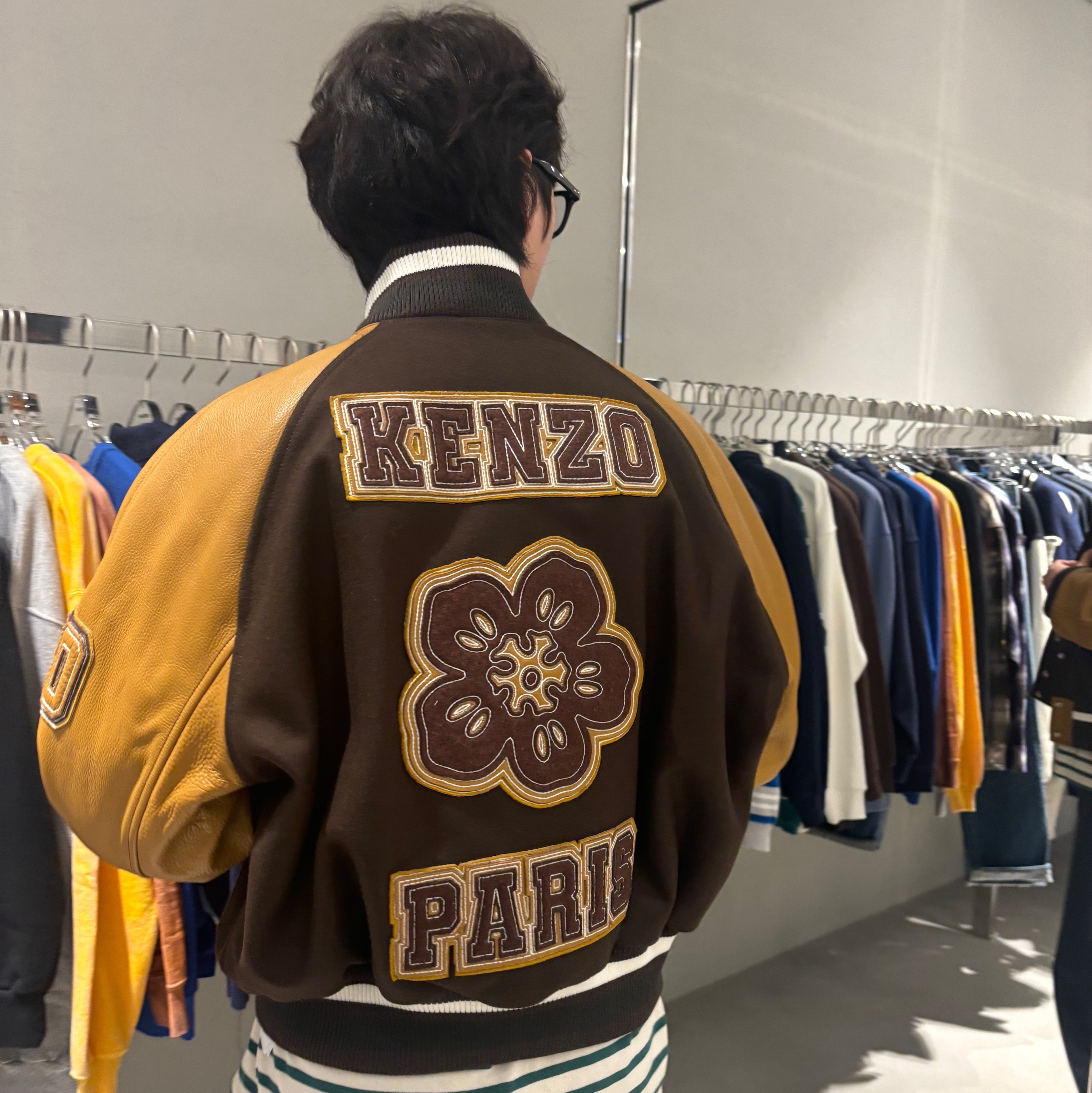 Kenzo Boke Flower Varsity Bomber Jacket Dark Brown - 24FW 착용 스타일