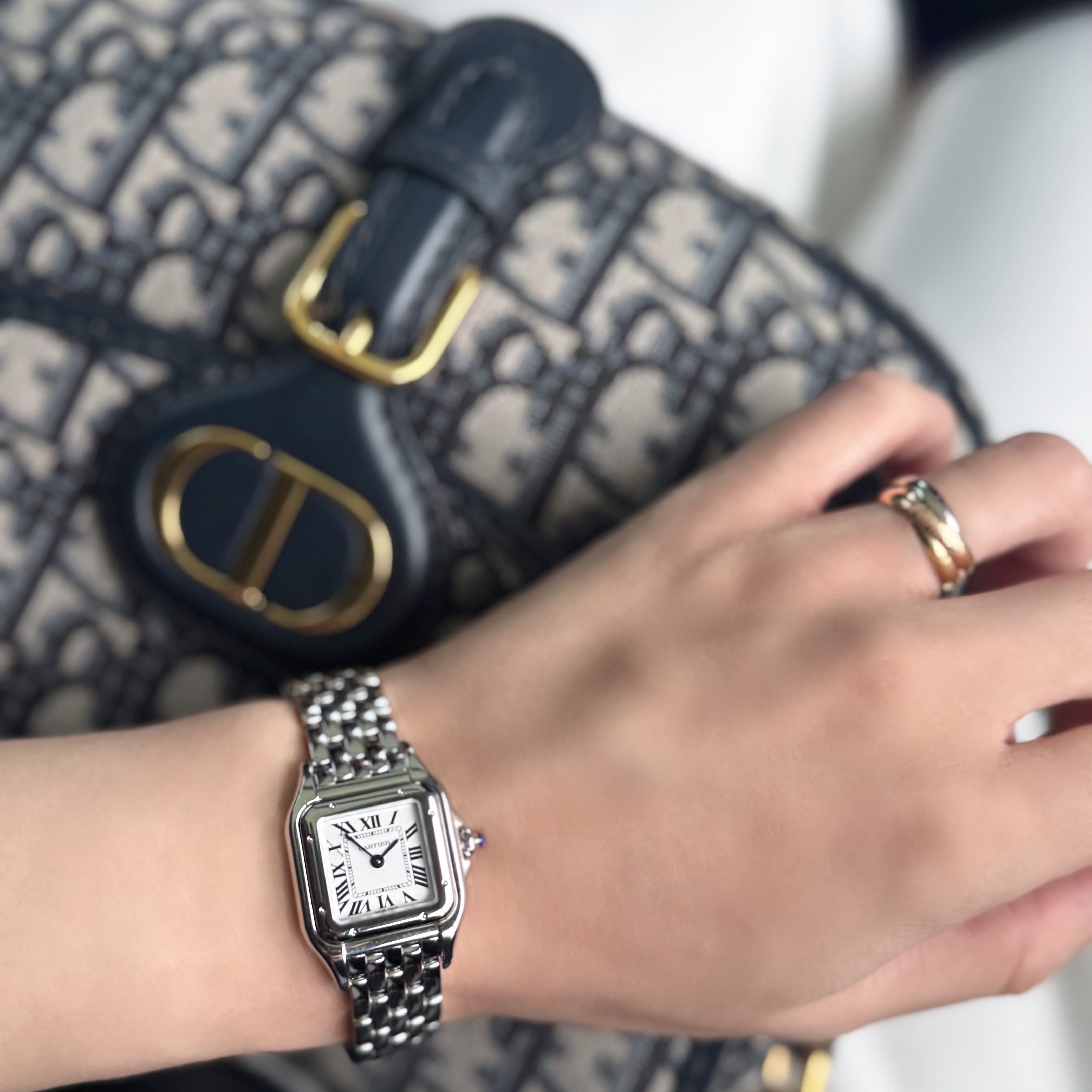 Cartier Panthere Watch Small Quartz Steel Bracelet Steel, Cartier Trinity Ring Small White Gold Rose Gold Yellow Gold 착용 스타일 - 1