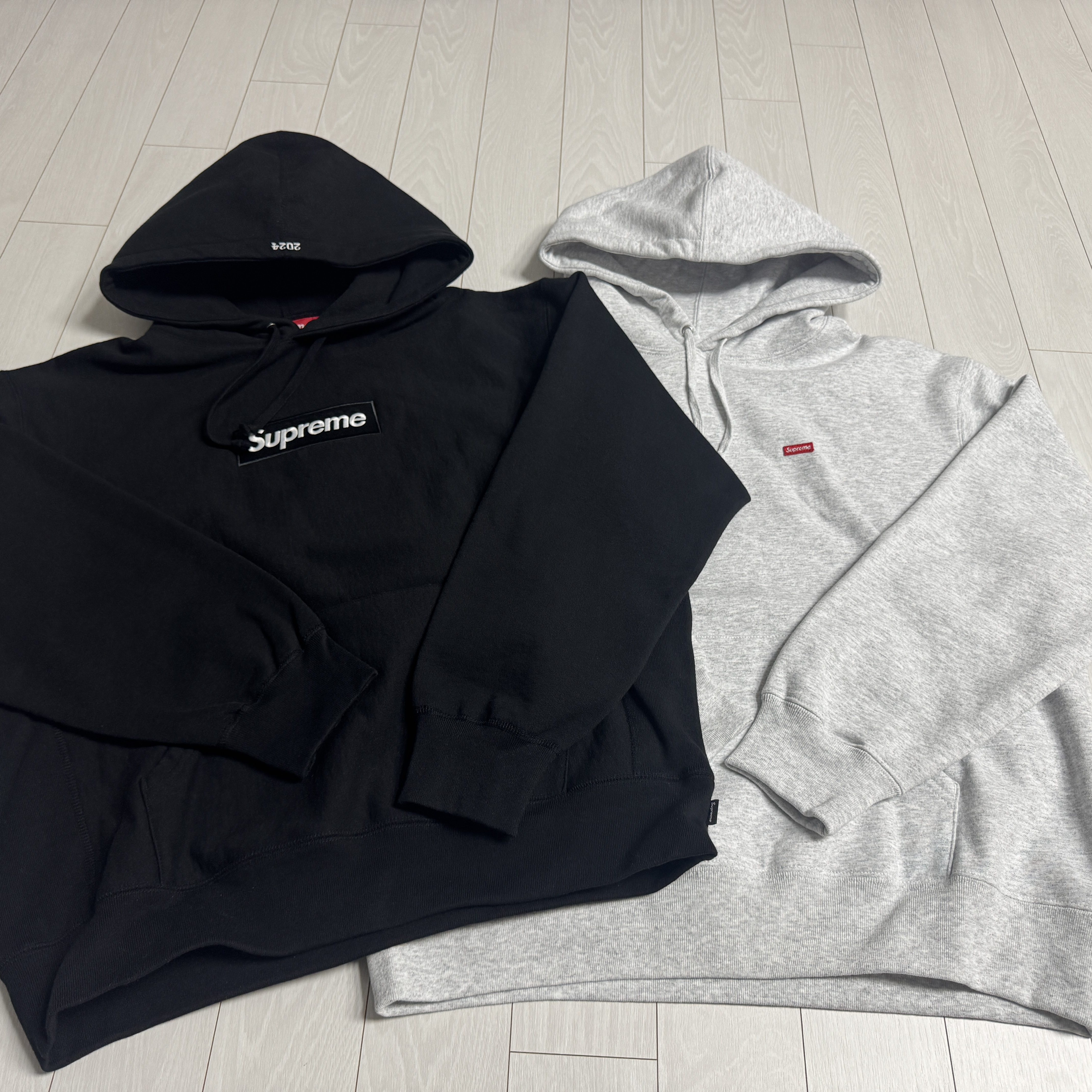 Supreme Box Logo Hooded Sweatshirt Black - 24FW, Supreme Small Box Hooded Sweatshirt Ash Grey - 24SS 착용 스타일